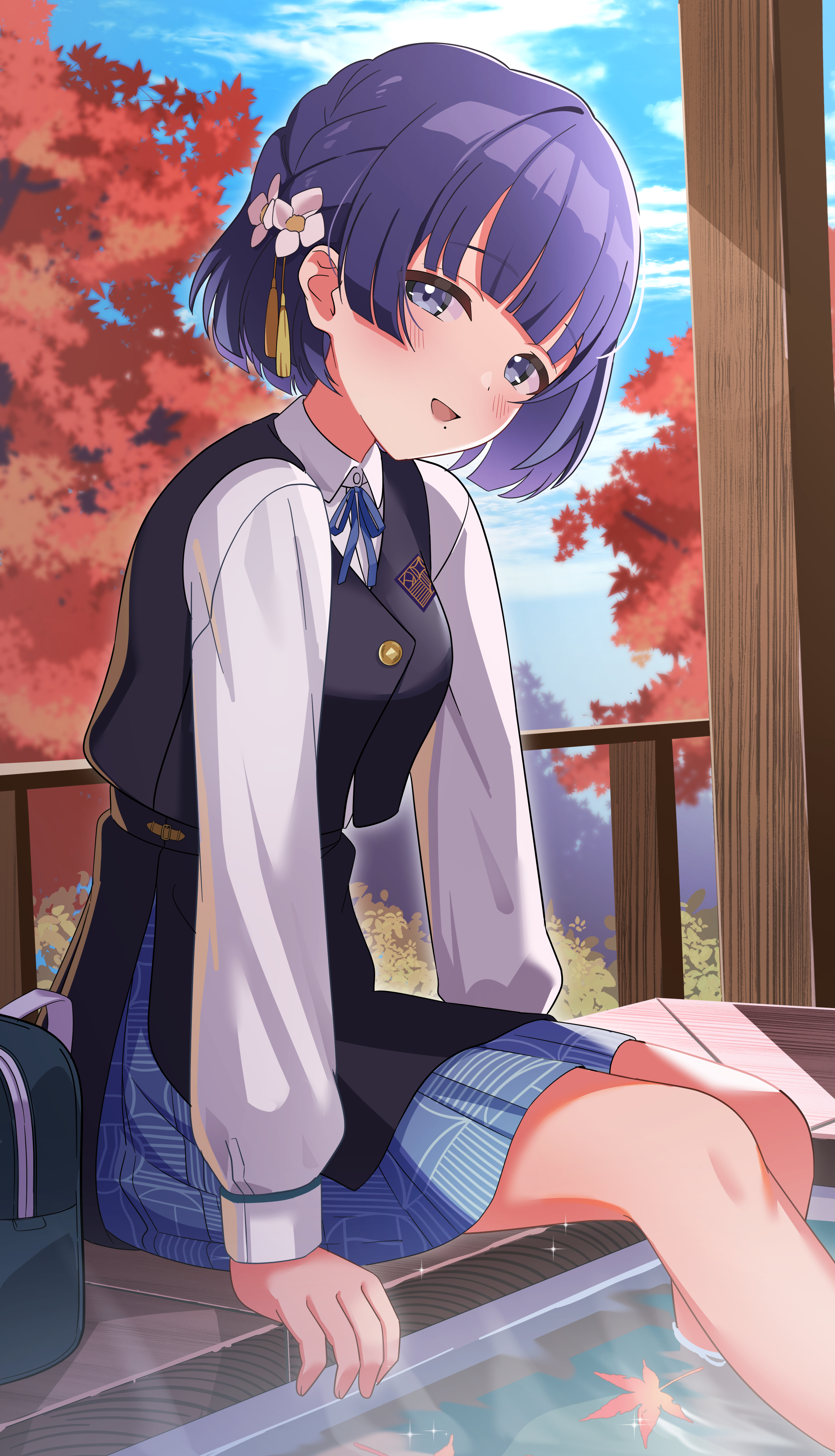 rindou ringdong, hataya misuzu, gakuen idolmaster, idolmaster, absurdres, commentary request, highres, 1girl, :d, ashiyu, autumn, bag, black vest, blue skirt, blue sky, blunt bangs, cloud, collared shirt, day, flower, foot bath, hair flower, hair ornament, leaf, long sleeves, looking at viewer, maple leaf, maple tree, open mouth, purple eyes, purple hair, school bag, school uniform, shirt, short hair, sitting, skirt, sky, smile, solo, tree, vest, white shirt