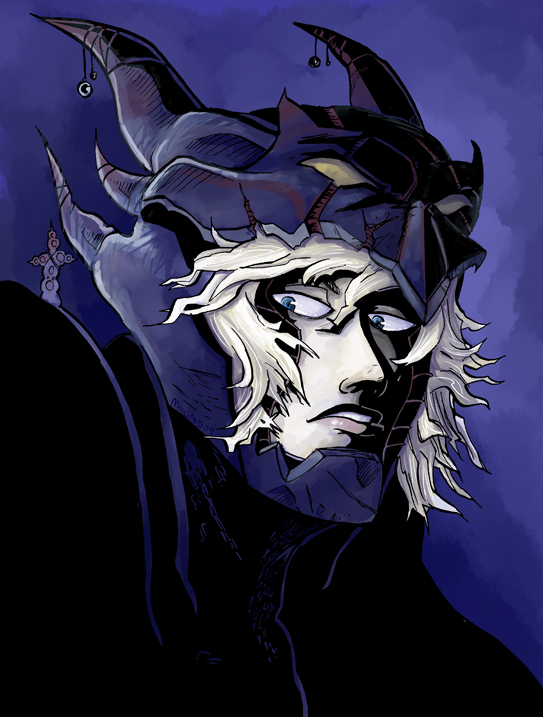 8bitmaximo, maximo v. lorenzo, cecil harvey, dissidia final fantasy, final fantasy, final fantasy iv, 1990s (style), 1boy, blue eyes, damaged, dark knight, helmet, horns, lips, male focus, solo, white hair