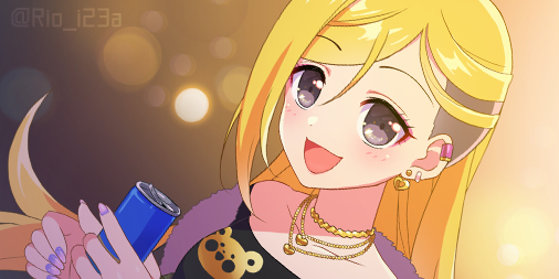 rio (usagiya), fujimoto rina, idolmaster, idolmaster cinderella girls, commentary request, black shirt, blonde hair, can, collarbone, drink can, ear piercing, earrings, eyelashes, fingernails, fur trim, hair between eyes, holding, holding can, jewelry, long hair, multicolored nails, nail polish, open mouth, piercing, purple eyes, shirt, smile, twitter username, undercut