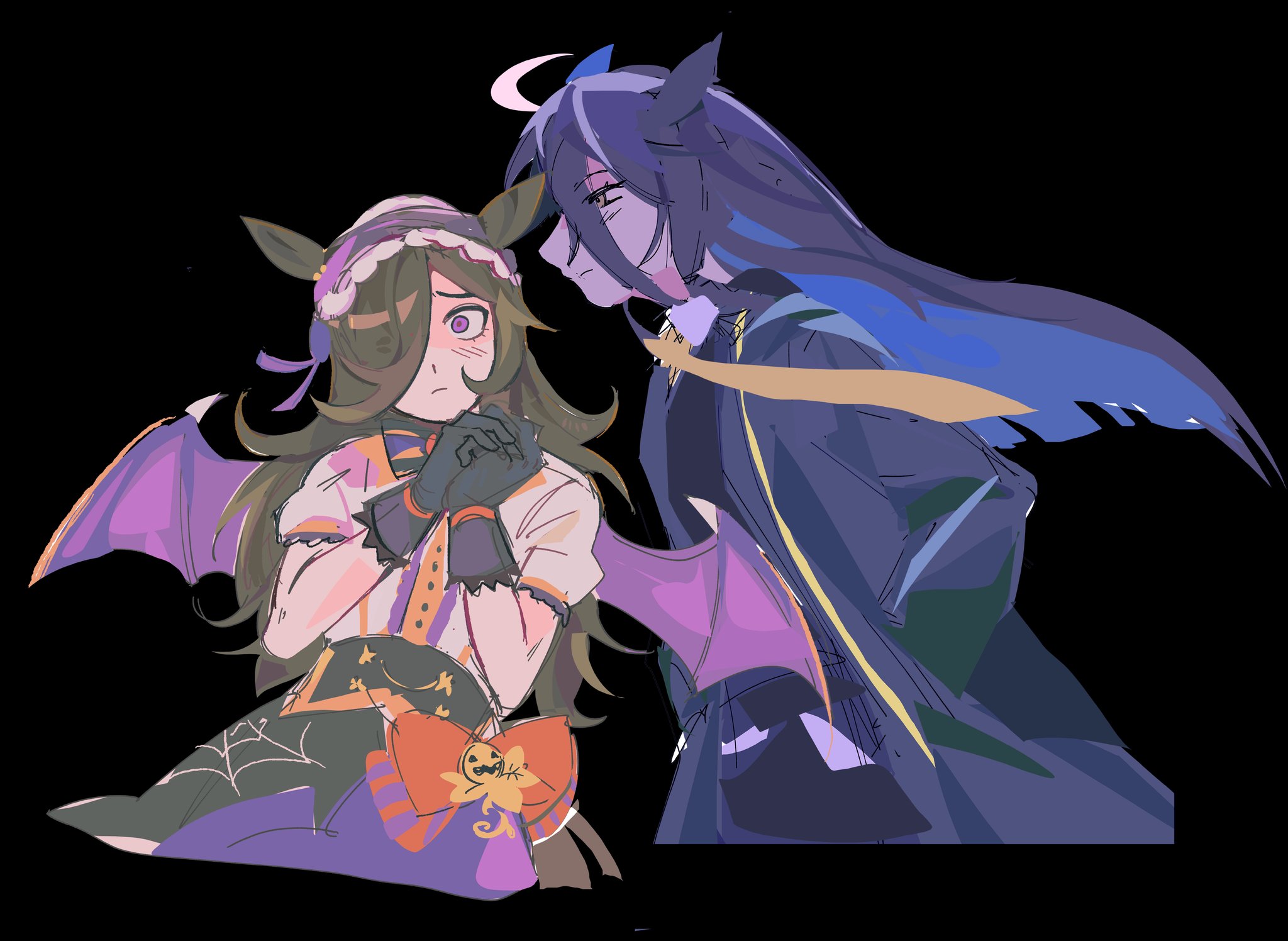 flshfish, manhattan cafe (umamusume), rice shower (umamusume), rice shower (vampire makeover!) (umamusume), umamusume, commentary, english commentary, highres, 2girls, ahoge, animal ears, bat wings, black background, black coat, black gloves, black hair, black shirt, bow, brown hair, closed mouth, coat, collared shirt, flipped hair, frilled hairband, frills, gloves, hair between eyes, hair over one eye, hairband, halloween, halloween costume, hands in pockets, horse ears, horse girl, horse tail, jack-o'-lantern ornament, long bangs, long hair, long hair between eyes, long sleeves, looking at viewer, manhattan cafe (creeping shadow) (umamusume), multicolored hair, multiple girls, necktie, official alternate costume, puffy short sleeves, puffy sleeves, purple eyes, purple wings, shirt, short sleeves, simple background, skirt, spider web print, tail, white shirt, wings, yellow eyes, yellow necktie