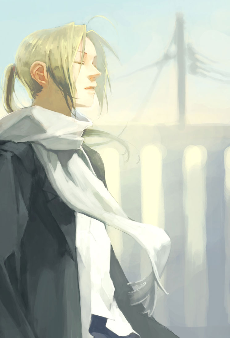 naoko (naonocoto), edward elric, fullmetal alchemist, bad id, bad pixiv id, 00s, 1boy, aged up, ahoge, blonde hair, casual, closed eyes, jacket, long hair, male focus, ponytail, scarf, solo