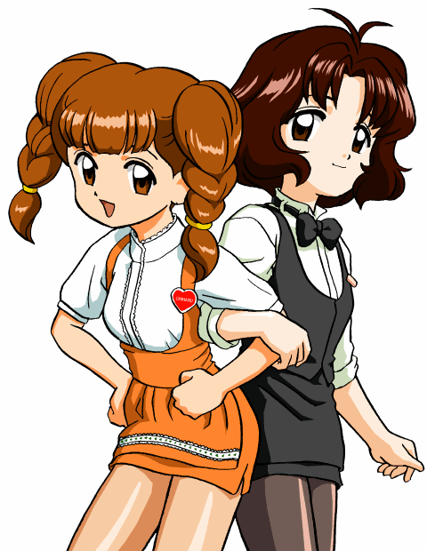 bandabekken, mihara chiharu, sasaki rika, anna miller, cardcaptor sakura, 1990s (style), 2girls, apron, bow, bowtie, brown eyes, brown hair, child, formal clothes, locked arms, multiple girls, name tag, pantyhose, retro artstyle, short hair, skirt, smile, traditional bowtie, waitress