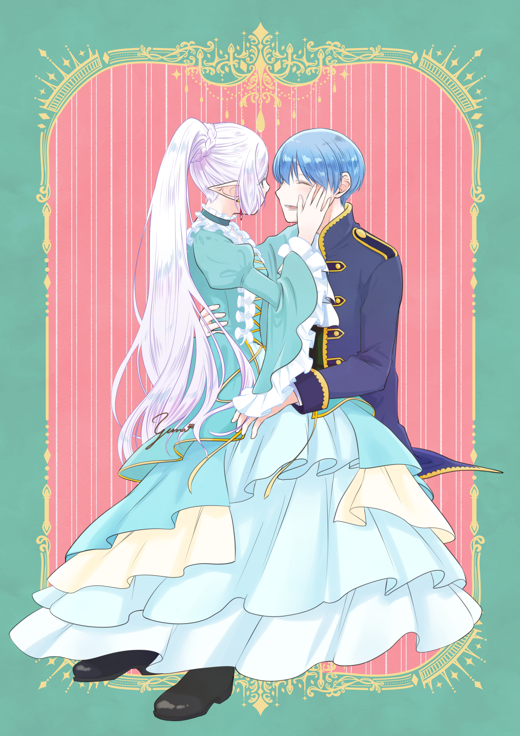 aruna, frieren, himmel (sousou no frieren), sousou no frieren, absurdres, commentary request, highres, 1boy, 1girl, aqua border, aqua dress, arm around waist, black shoes, blue hair, blue jacket, border, closed eyes, couple, dress, earrings, elf, frilled sleeves, frills, gold trim, grey hair, hair between eyes, hand on another's cheek, hand on another's face, hetero, jacket, jewelry, juliet sleeves, long dress, long hair, long sleeves, looking at another, mole, mole under eye, open mouth, parted bangs, pink background, pointy ears, ponytail, puffy sleeves, shoes, short hair, signature, sitting, sitting on lap, sitting on person, smile, wide sleeves