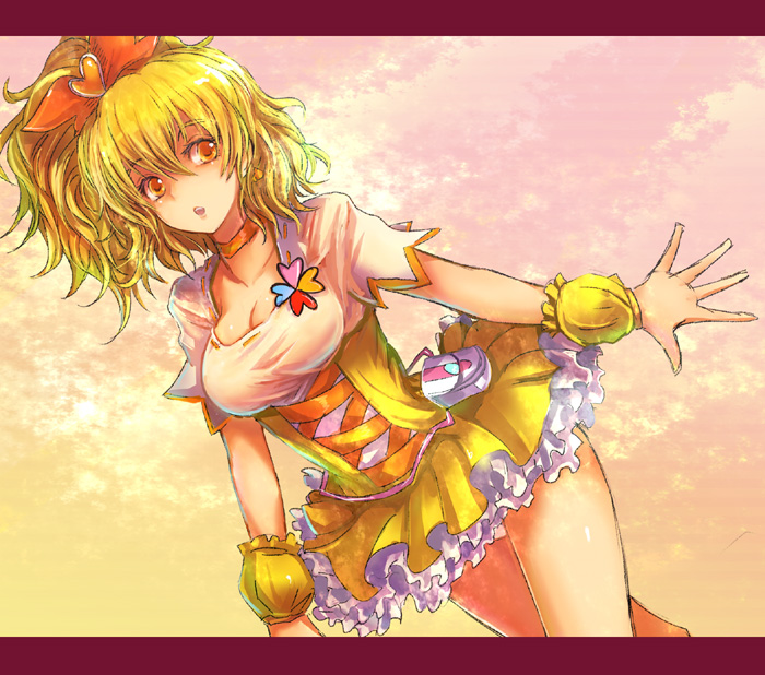 kara (color), cure pine, yamabuki inori, fresh precure!, precure, 00s, 1girl, blonde hair, dutch angle, female focus, hair ornament, heart, heart hair ornament, letterboxed, magical girl, solo, yellow eyes