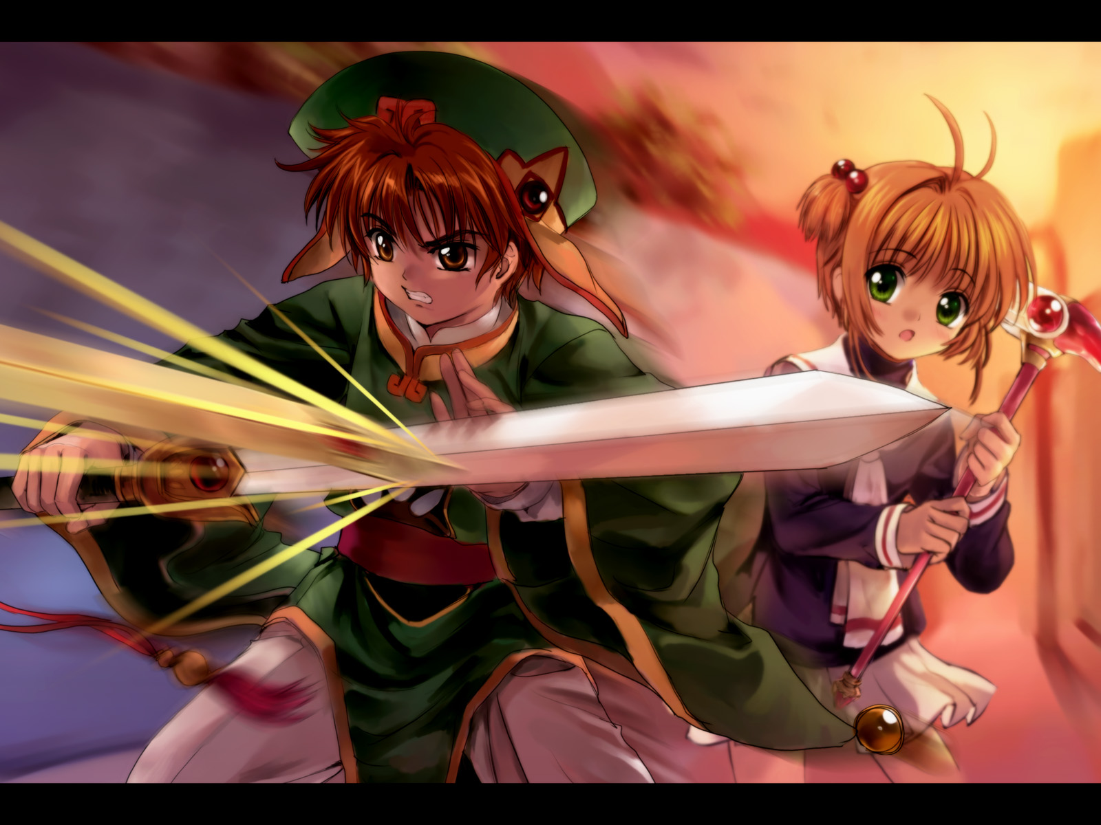 mutsuki (moonknives), kinomoto sakura, li syaoran, sword (clow card), cardcaptor sakura, kodansha, highres, 1990s (style), 1boy, 1girl, antenna hair, battle, brown eyes, brown hair, child, fighting, fuuin no tsue, green eyes, hair bobbles, hair ornament, hat, holding, holding sword, holding weapon, letterboxed, magical girl, retro artstyle, school uniform, serafuku, short hair, sword, tomoeda middle school uniform, two side up, weapon