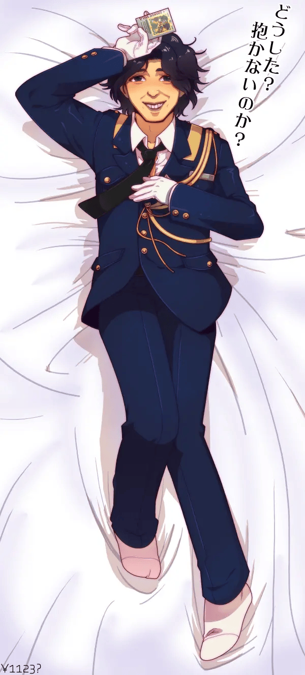 junichi kaito, kamen rider, kamen rider dcd, arm over head, bed, bed sheet, blue suit, brown eyes, card, creepy smile, dakimakura (medium), formal clothes, gloves, hand over chest, holding, holding card, japanese text, looking at viewer, meme, necktie, shirt, shoes, smile, suit, white gloves, white shirt, white shoes, white undershirt