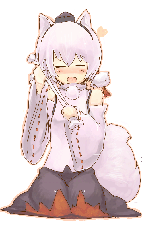 keyyan, kiiyan, inubashiri momiji, touhou, bad id, bad pixiv id, 1girl, animal ears, blush, bone, detached sleeves, female focus, hat, short hair, solo, tail, tokin hat, white hair, wolf ears, wolf tail