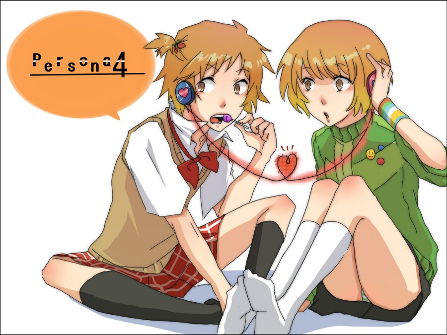 kimito, you (kimito), hanamura yousuke, satonaka chie, atlus, persona, persona 4, bad id, bad pixiv id, 1boy, 1girl, badge, brown eyes, brown hair, button badge, candy, crossdressing, food, glasses, headphones, heart, heart of string, jacket, lollipop, panties, pantyshot, school uniform, short hair, skirt, smile, striped clothes, striped panties, tomboy, trap, underwear, white background