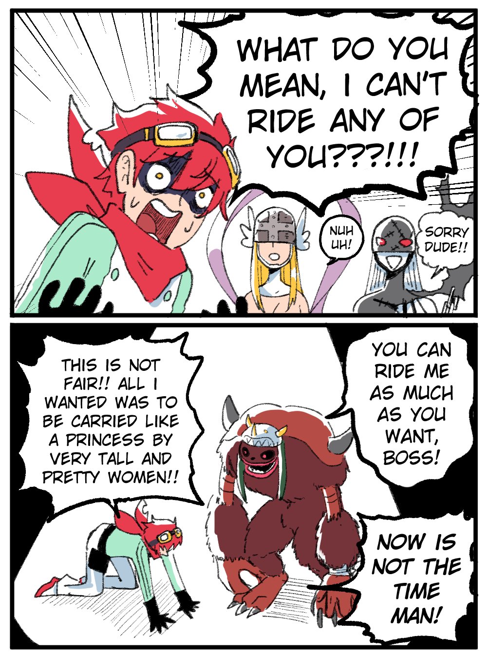 wanderjegson, angewomon, ladydevimon, wendimon, yuuki dan, digimon, digimon story: time stranger, !, 2boys, 2girls, angel, angel girl, bare shoulders, demon girl, digimon (creature), emphasis lines, english text, fallen angel, from side, frustrated, full body, gameplay mechanics, hetero, horns, long hair, looking at another, makeup, multiple boys, multiple girls, pervert, red hair, short hair, simple background, smile, very long hair, white background, wings