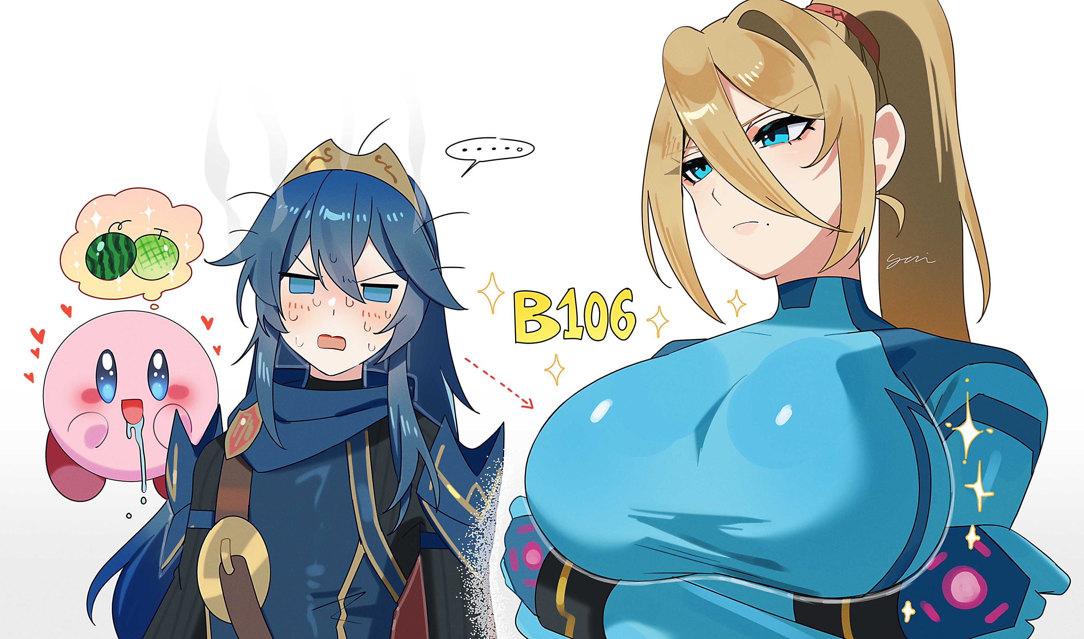 yasaikakiage, kirby, lucina (fire emblem), samus aran, fire emblem, fire emblem awakening, kirby (series), metroid, nintendo, super smash bros., absurdres, commentary request, highres, …, 2girls, arrow (symbol), blonde hair, blue bodysuit, blue eyes, blue hair, blush, bodysuit, breast envy, breasts, cantaloupe, cape, closed mouth, drooling, food, fruit, hair between eyes, heart, impossible bodysuit, impossible clothes, large breasts, long hair, melon, mole, mole under mouth, multiple girls, open mouth, ponytail, saliva, simple background, skin tight, smile, sparkle, speech bubble, spoken ellipsis, sweat, thought bubble, tiara, white background, zero suit