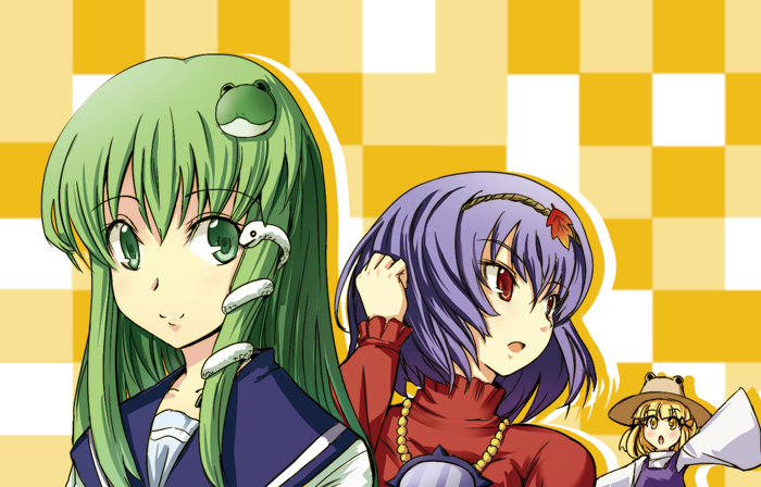 gin'ichi (akacia), ginichi, kochiya sanae, moriya suwako, yasaka kanako, touhou, 3girls, :o, adjusting hair, alternate costume, arm up, blonde hair, female focus, frog, green eyes, green hair, hair ornament, long sleeves, multiple girls, purple hair, red eyes, school uniform, serafuku, sleeves past wrists, snake, upper body, waving, wide sleeves, yellow eyes