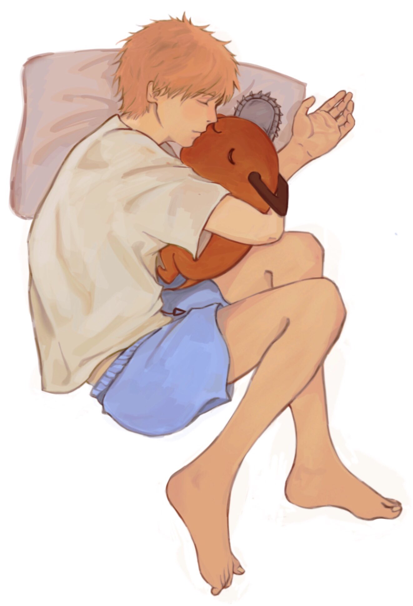 eulbhitomi, denji (chainsaw man), pochita (chainsaw man), chainsaw man, commentary, english commentary, highres, 1boy, barefoot, blue shorts, closed eyes, closed mouth, hug, lying, male focus, on side, pillow, shirt, short hair, short sleeves, shorts, simple background, sleeping, white background, white shirt