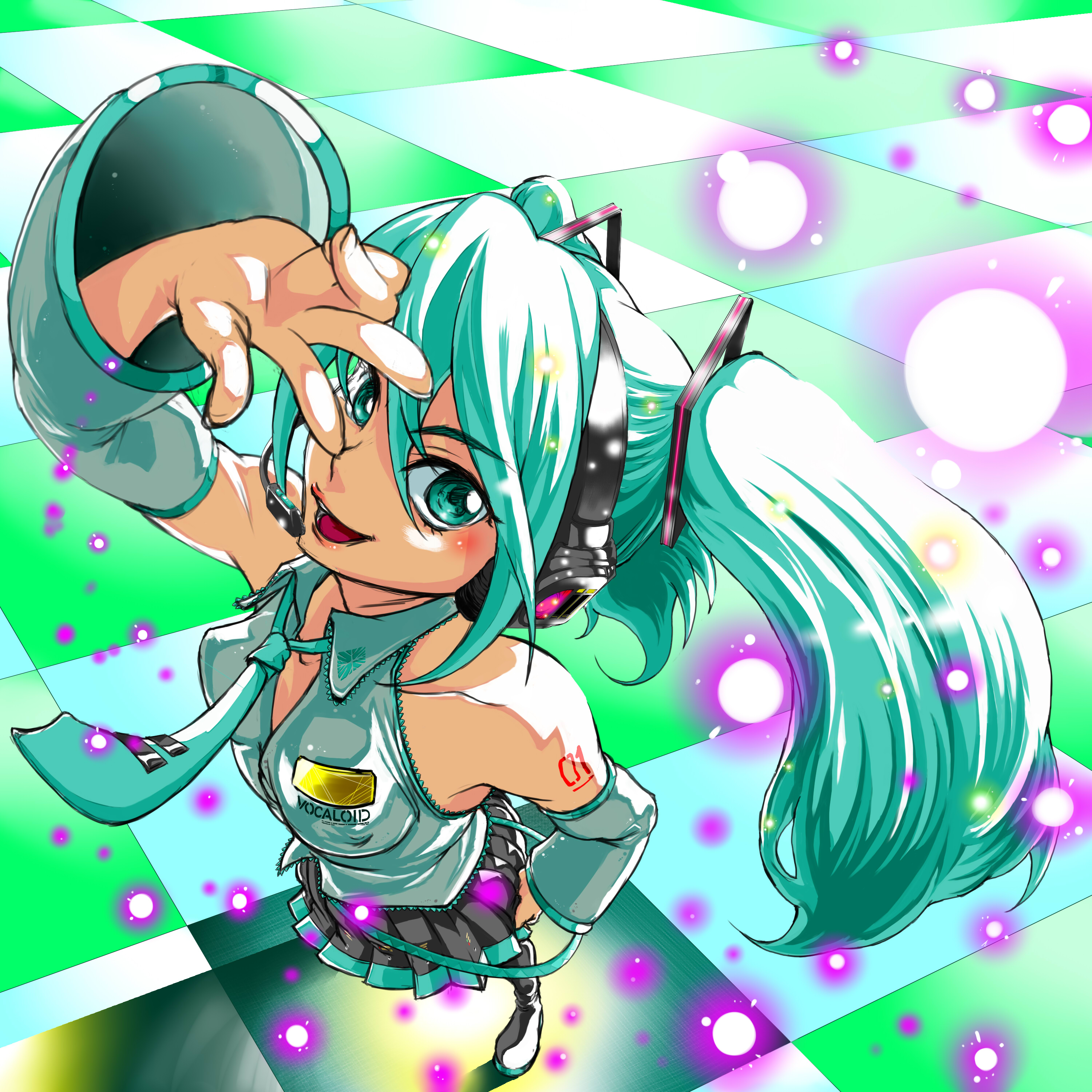 oberon, hatsune miku, vocaloid, absurdres, highres, 1girl, aqua eyes, aqua hair, breasts, detached sleeves, female focus, from above, full body, headphones, headset, long hair, necktie, skirt, smile, solo, thighhighs, twintails, v, very long hair