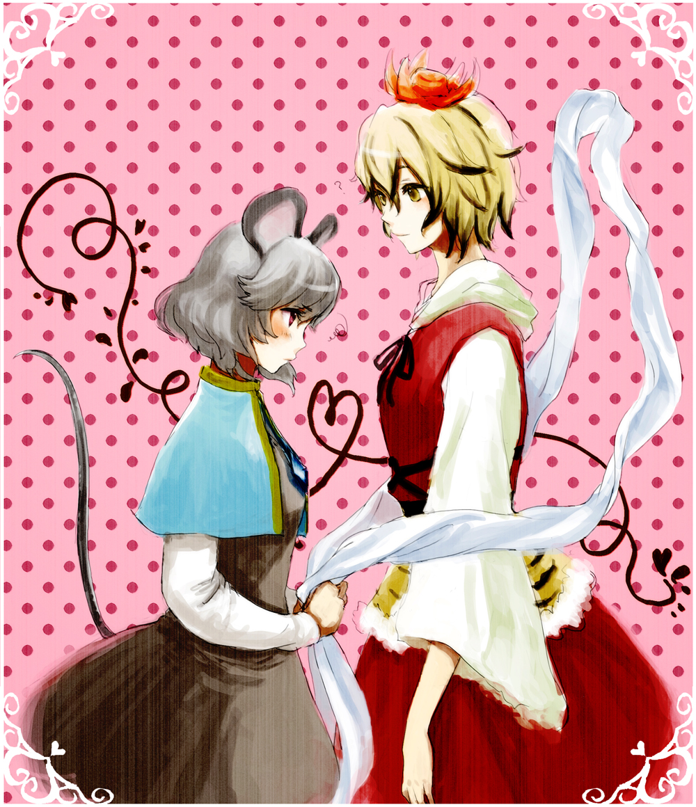 ria (rilpoppo), nazrin, toramaru shou, touhou, bad id, bad pixiv id, 2girls, animal ears, blonde hair, blush, female focus, grey hair, hair ornament, height difference, jewelry, mouse ears, mouse tail, multiple girls, pendant, polka dot, polka dot background, profile, red eyes, shawl, short hair, tail, yellow eyes, yuri
