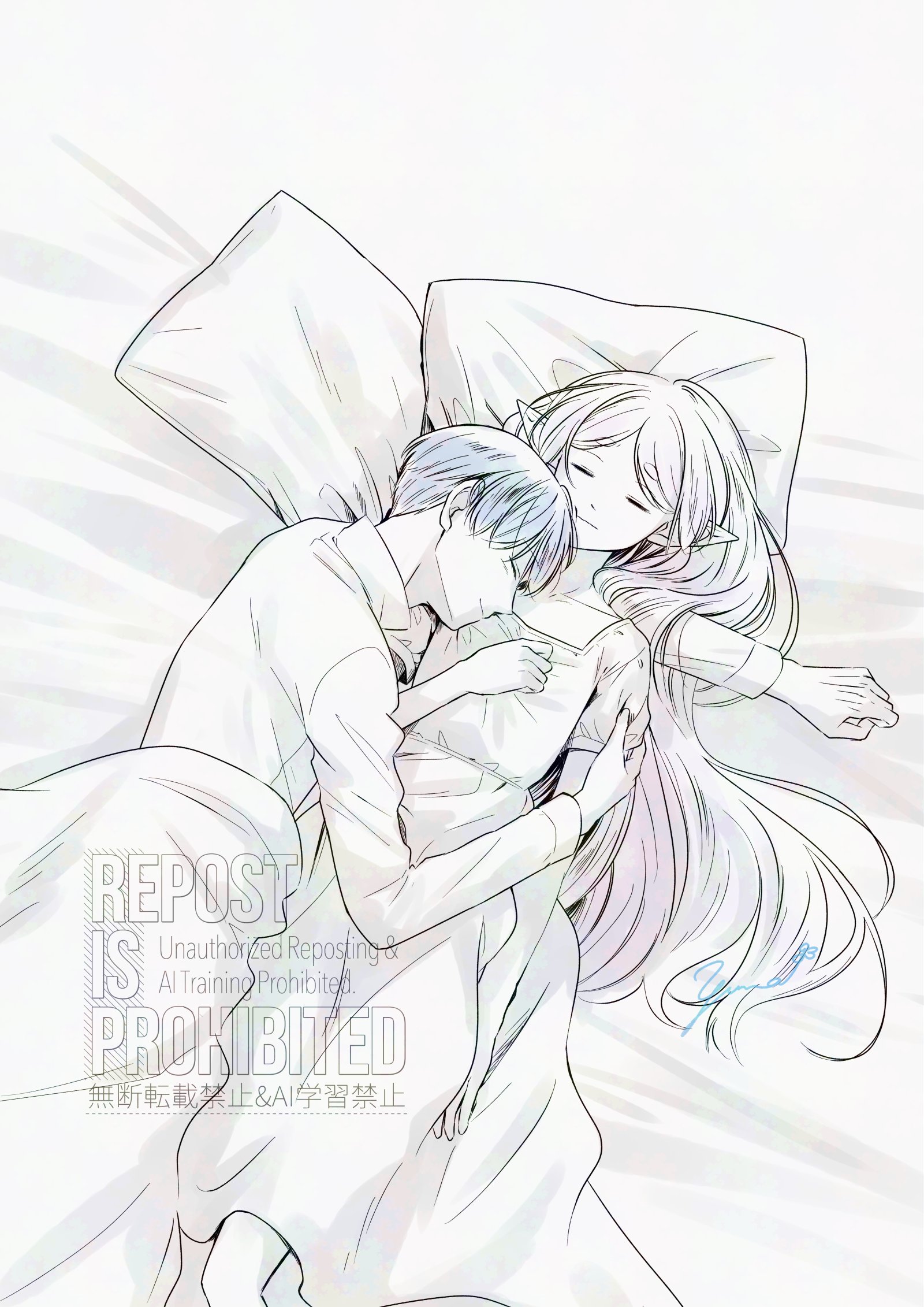 aruna, frieren, himmel (sousou no frieren), sousou no frieren, commentary request, highres, 1boy, 1girl, arm around shoulder, bed sheet, blue hair, breasts, closed eyes, closed mouth, collared shirt, couple, cuddling, dress, elf, hair between eyes, hand on own chest, hetero, light smile, long dress, long hair, muted color, on bed, parted bangs, pillow, pointy ears, shirt, short hair, short sleeves, sleeping, small breasts, thick eyebrows, under covers, white dress, white hair, white shirt