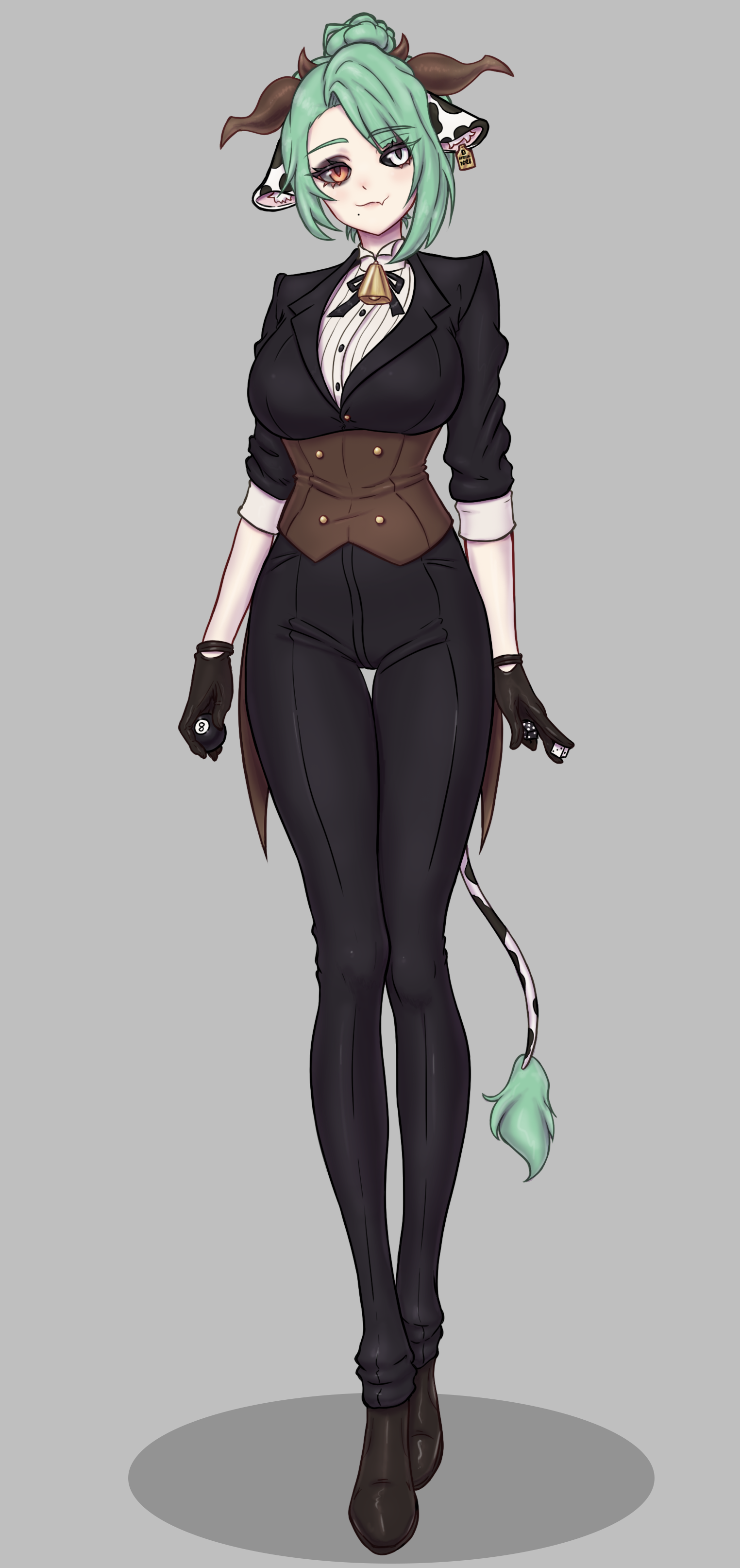 crelly (vtuber), indie virtual youtuber, absurdres, highres, 1girl, 8-ball, alternate costume, animal ears, ball, bell, billiard ball, black jacket, black pants, black ribbon, black sclera, breasts, brown corset, brown gloves, brown shoes, closed mouth, colored sclera, corset, cow ears, cow girl, cow horns, cow tail, cowbell, dice, ear tag, eyelashes, fang, formal clothes, full body, gloves, green hair, grey background, grey sclera, hair bun, heterochromia, holding, holding ball, holding dice, horns, jacket, long legs, mismatched sclera, mole, mole under mouth, neck bell, neck ribbon, palbrofella, pants, red eyes, ribbon, shirt, shoes, simple background, single hair bun, skin fang, smile, solo, standing, suit, suit jacket, tail, virtual youtuber, white eyes, white shirt
