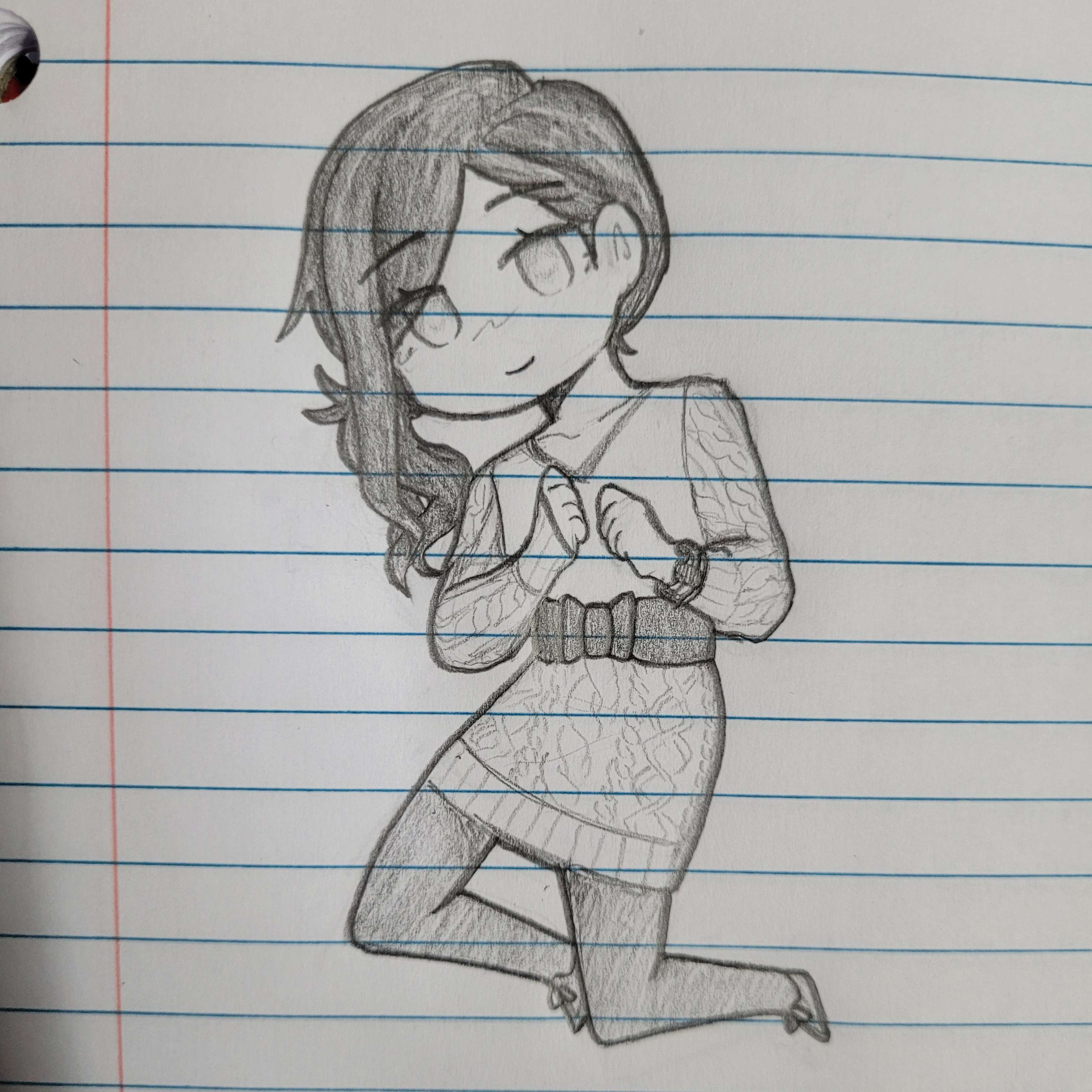 zero (misamxsa08), kurashiki akane, kyokugen dasshutsu, zero escape: toki no dilemma, absurdres, commentary, english commentary, graphite (medium), highres, photo (medium), traditional media, 1girl, bow, cable knit, closed mouth, collarbone, deformed, dress, eyelashes, full body, greyscale, lined paper, long hair, long sleeves, monochrome, pantyhose, sash, shoes, side ponytail, sketch, smile, solo, watch, wristwatch