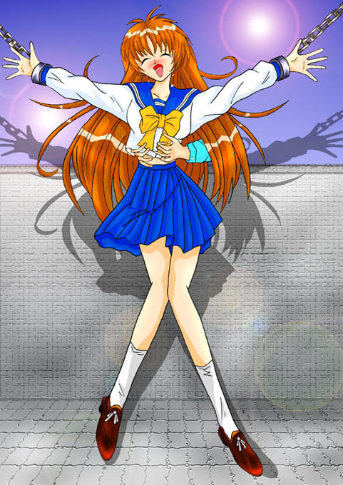 artist request, character request, copyright request, source request, tagme, bdsm, blush, bondage, bound, chain, closed eyes, grabbing from behind, long hair, red hair, school uniform, serafuku, skirt, smile, tickling