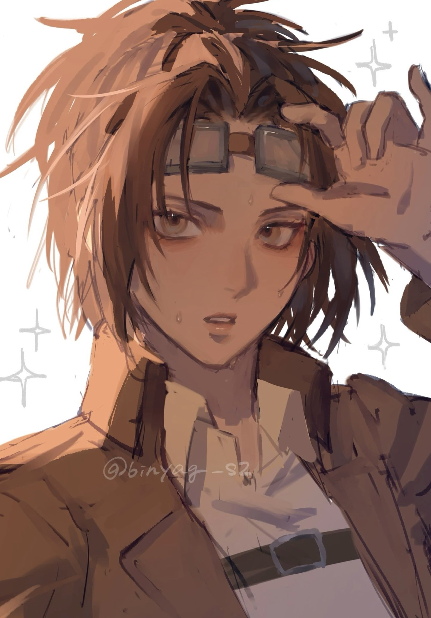 pa hoi2, hange zoe, shingeki no kyojin, commentary request, highres, 1other, adjusting eyewear, brown eyes, brown hair, brown jacket, collared shirt, glasses, jacket, looking at viewer, medium hair, parted bangs, parted lips, ponytail, shirt, sparkle, sweat, twintails, upper body, white background, white shirt