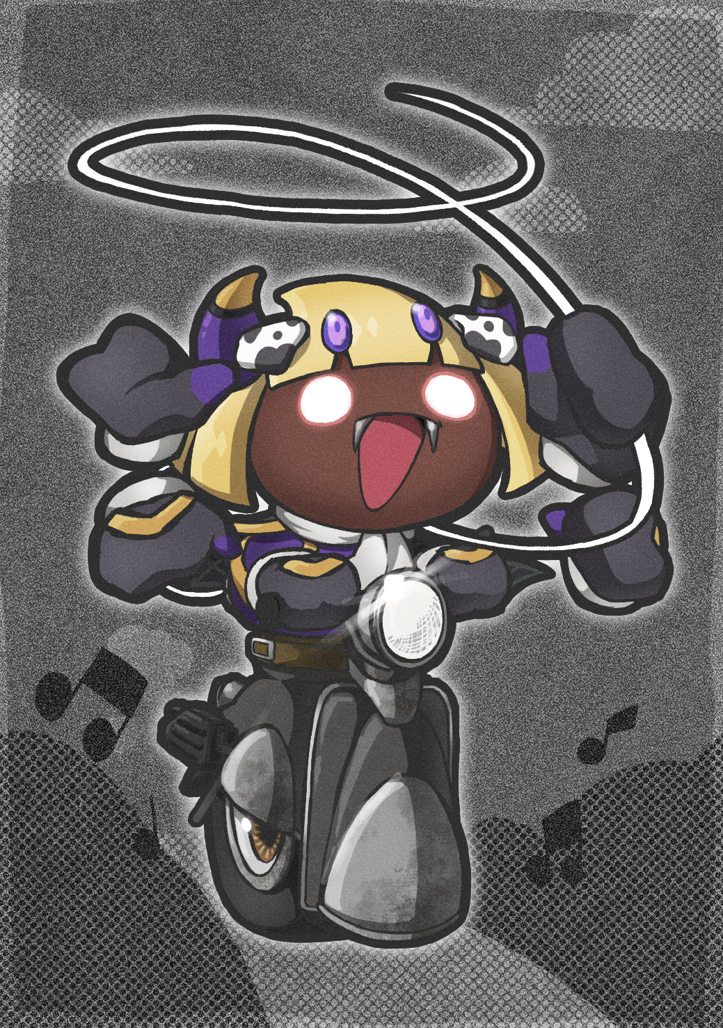 tkcarbohydrate, taranza, wheelie (kirby), kirby (series), kirby air ride, kirby air riders, nintendo, commentary request, highres, alternate color, black gloves, blonde hair, extra arms, fangs, gloves, grey theme, horns, musical note, open mouth, player 2, rayman limbs, scarf, silk, spider web, white scarf