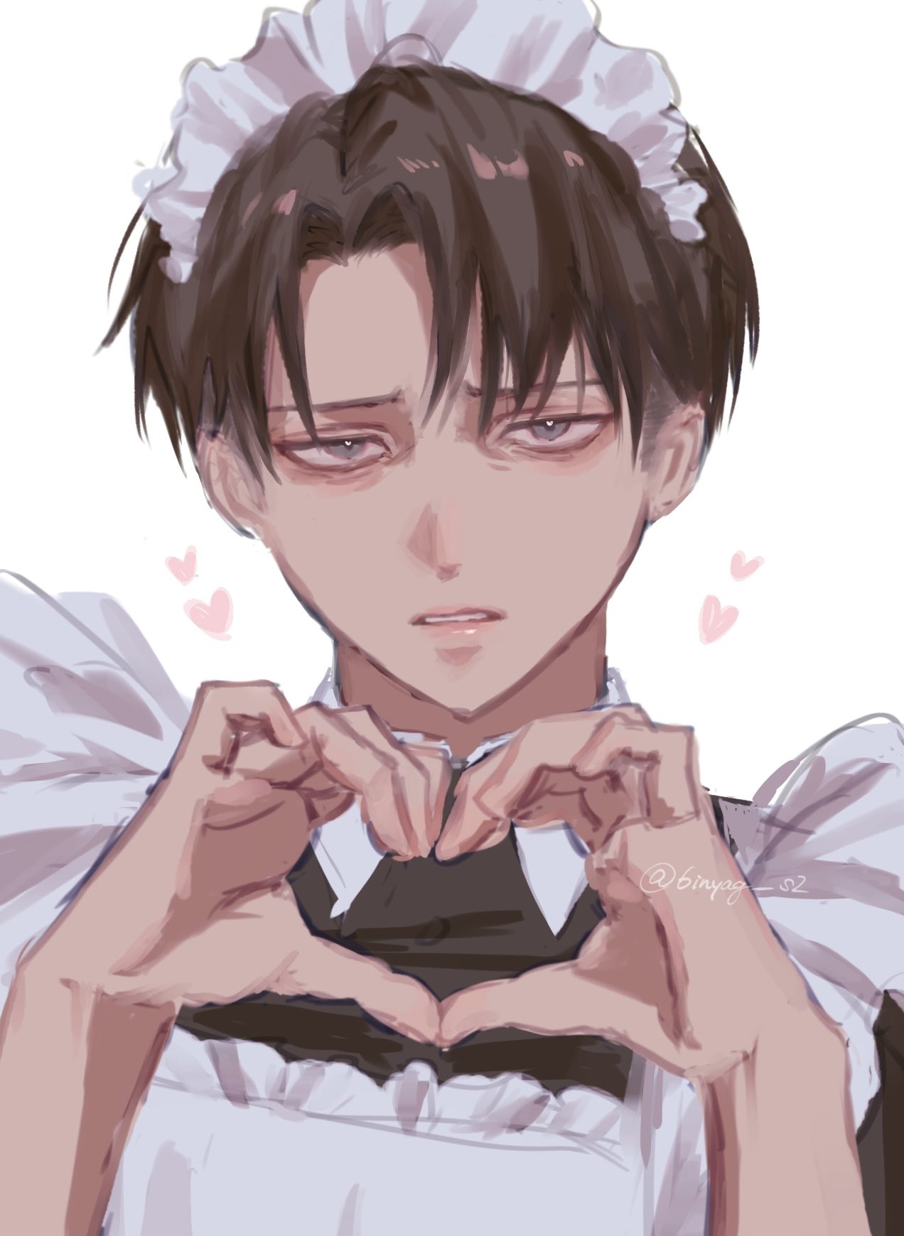 pa hoi2, levi (shingeki no kyojin), shingeki no kyojin, commentary request, highres, 1boy, apron, black dress, black hair, collared dress, crossdressing, crossdressing (mtf), dress, furrowed brow, grey eyes, hair between eyes, heart, heart hands, maid, maid apron, maid headdress, male focus, parted bangs, parted lips, short hair, solo, twitter username, upper body, white background