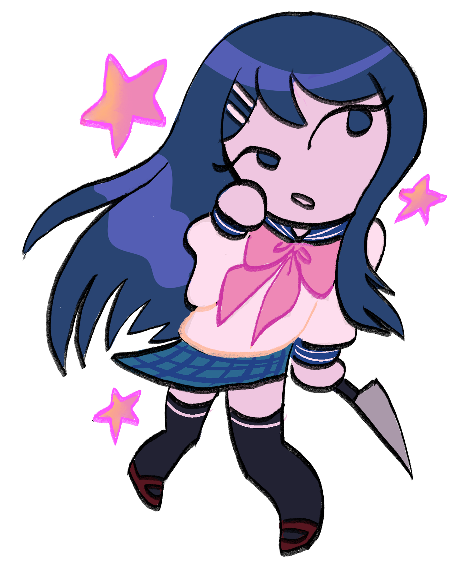 maizono sayaka, danganronpa: trigger happy havoc, danganronpa (series), commentary, english commentary, highres, :o, black thighhighs, blue eyes, blue hair, blue sailor collar, blue skirt, bow, chibi, chibi only, collared shirt, eyelashes, full body, holding, holding knife, knife, long hair, long sleeves, no sclera, open mouth, pink bow, plaid clothes, plaid skirt, red shoes, sailor collar, school uniform, serafuku, shirt, shoes, skirt, solo, thighhighs, transparent background, white shirt, wolfmanritch