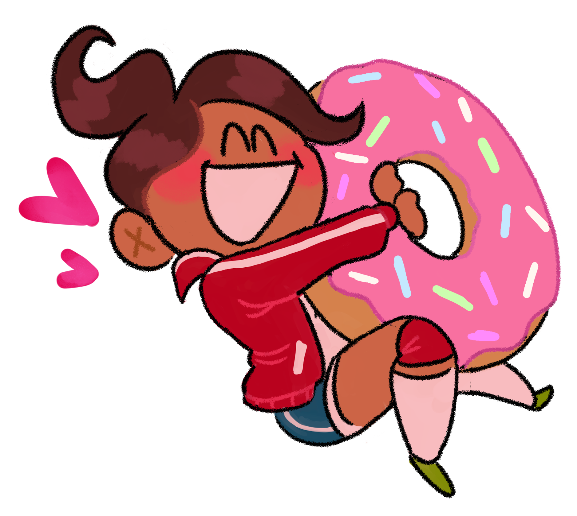 asahina aoi, danganronpa: trigger happy havoc, danganronpa (series), commentary, english commentary, highres, blue shorts, blush, brown hair, chibi, chibi only, closed eyes, dark-skinned female, dark skin, donut, food, full body, green shoes, holding, holding donut, holding food, jacket, long sleeves, medium hair, open clothes, open jacket, open mouth, oversized food, oversized object, ponytail, red jacket, shirt, shoes, shorts, smile, socks, solo, sprinkles, transparent background, white shirt, white socks, wolfmanritch