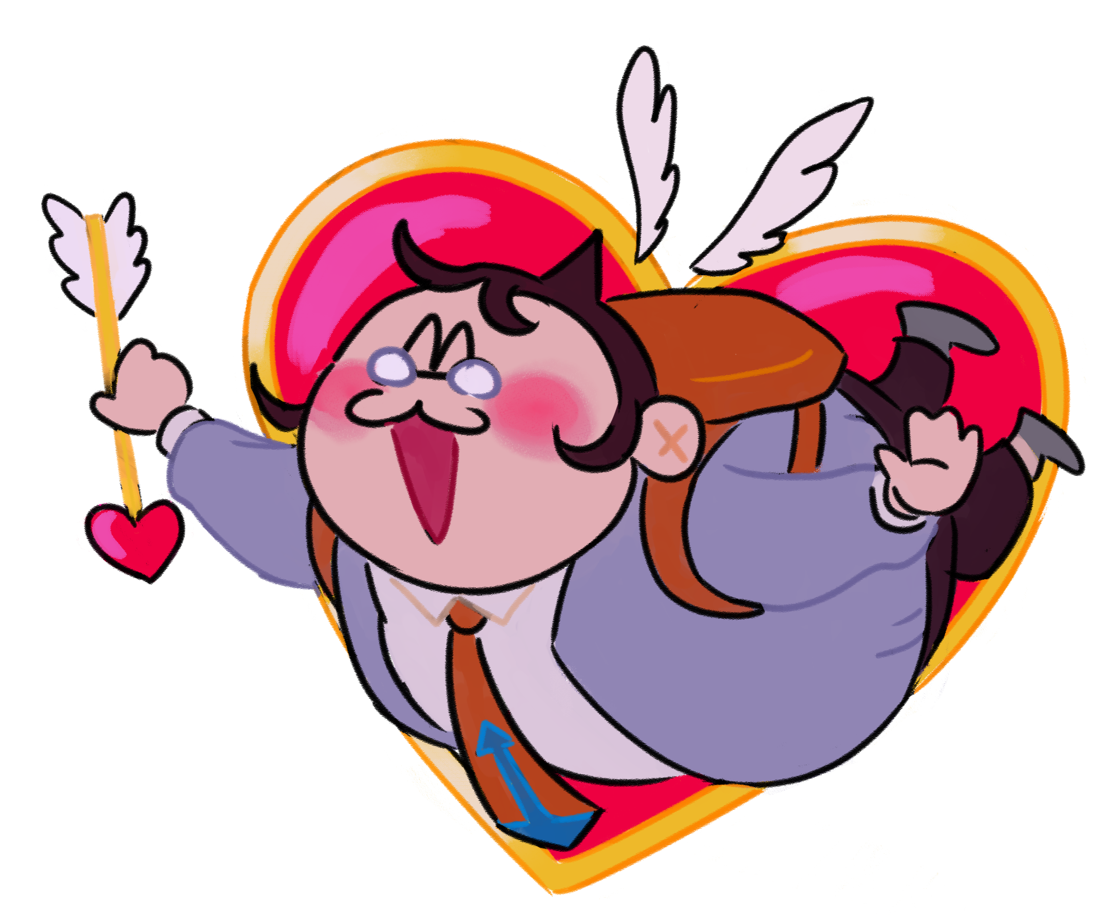 yamada hifumi, danganronpa: trigger happy havoc, danganronpa (series), commentary, english commentary, highres, 1boy, :3, ^ ^, arrow (projectile), arrow print, blush, brown hair, brown pants, chibi, chibi only, closed eyes, collared shirt, detached wings, fat, fat man, full body, glasses, grey jacket, grey shoes, heart, heart arrow, holding, holding arrow, jacket, male focus, necktie, open clothes, open jacket, open mouth, orange necktie, pants, round eyewear, shirt, shoes, short hair, smile, solo, transparent background, white shirt, wings, wolfmanritch