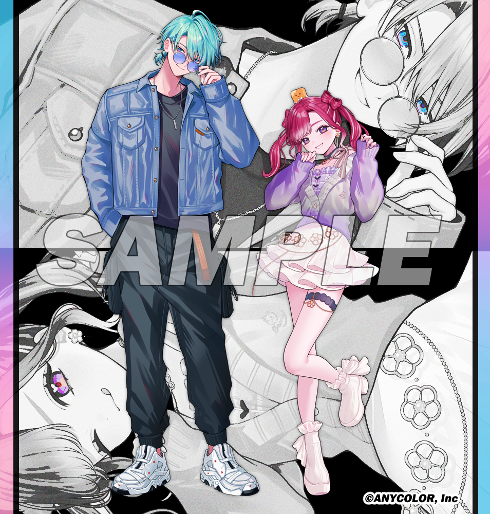 junjam, nagisa trout, saotome berry, nijisanji, commentary request, official art, 1boy, 1girl, :p, alternate costume, aqua eyes, black pants, black shirt, blue-tinted eyewear, blue background, blue eyes, bow-shaped hair, cardigan, copyright notice, denim, denim jacket, full body, gradient background, grin, hand in pocket, heart, heart-shaped pupils, jacket, long sleeves, looking at viewer, one eye closed, pants, pink background, pink eyes, purple background, purple cardigan, red hair, sample watermark, shirt, shoes, short hair, skirt, smile, sneakers, standing, standing on one leg, sunglasses, symbol-shaped pupils, thigh strap, tinted eyewear, tongue, tongue out, twintails, virtual youtuber, watermark, white shoes, white skirt, zoo