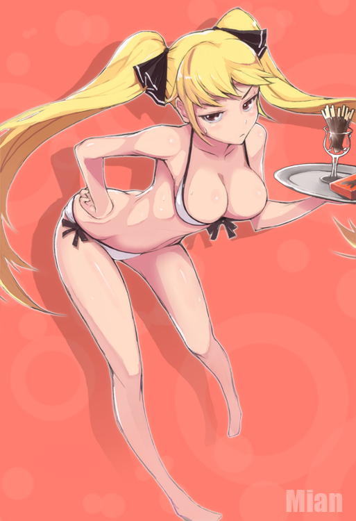 kawa akira, mian (dream c club), dream c club, dream c club (series), bad id, bad pixiv id, 1girl, barefoot, bikini, blonde hair, breasts, cleavage, female focus, food, front-tie top, large breasts, leaning forward, legs, long hair, pocky, side-tie bikini bottom, skinny, slender, solo, swimsuit, tray, twintails