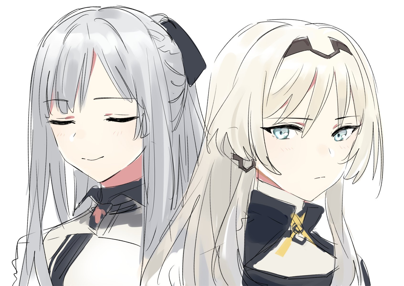 yomosaka, ak-12 (girls' frontline), an-94 (girls' frontline), girls' frontline, highres, 2girls, black bow, black hairband, black shirt, blonde hair, blue eyes, blush, bow, closed eyes, grey hair, hairband, long hair, looking at viewer, multiple girls, shirt, smile, white background