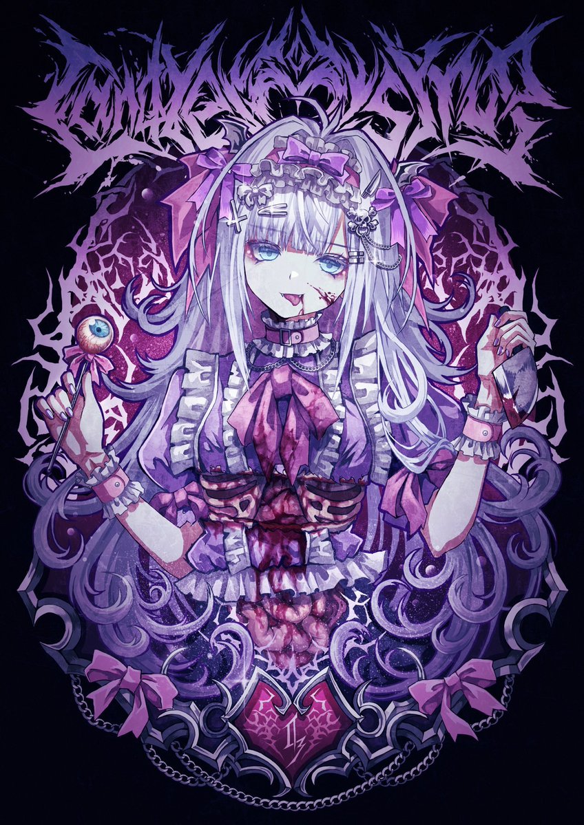 yu-ki iwata, original, commentary request, 1girl, apron, black background, blood, blood on face, blue eyes, bow, cropped torso, cross, dress, english text, eyeball, fork, grey hair, hair intakes, hair ornament, hairclip, holding, holding fork, holding knife, idol, intestines, inverted cross, knife, long hair, looking at viewer, organs, pink wrist cuffs, puffy short sleeves, puffy sleeves, purple bow, purple dress, ribs, short sleeves, simple background, solo, tongue, tongue out, very long hair, wavy hair, white apron, wrist cuffs