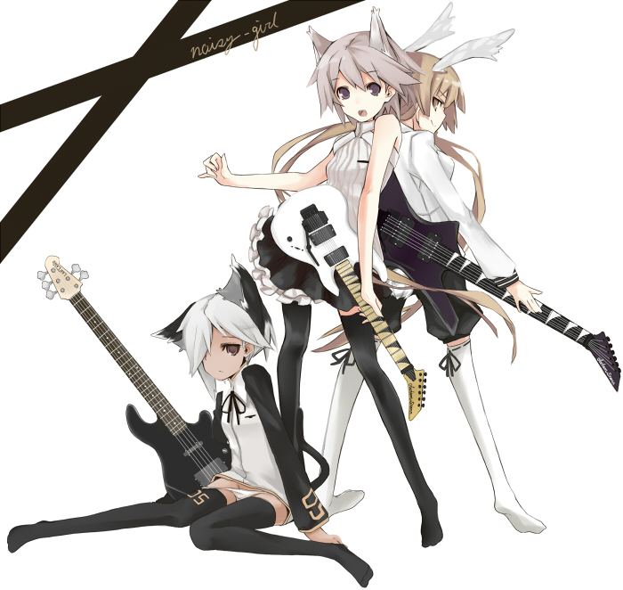 sasaki kouhei, original, bad id, bad pixiv id, 3girls, animal ears, back-to-back, bare shoulders, bass guitar, black socks, black thighhighs, cat ears, cat tail, electric guitar, gibson explorer, guitar, instrument, kneehighs, lakland, legs, lowleg, lowleg panties, multiple girls, panties, rabbit ears, skirt, socks, tail, thighhighs, underwear, white socks