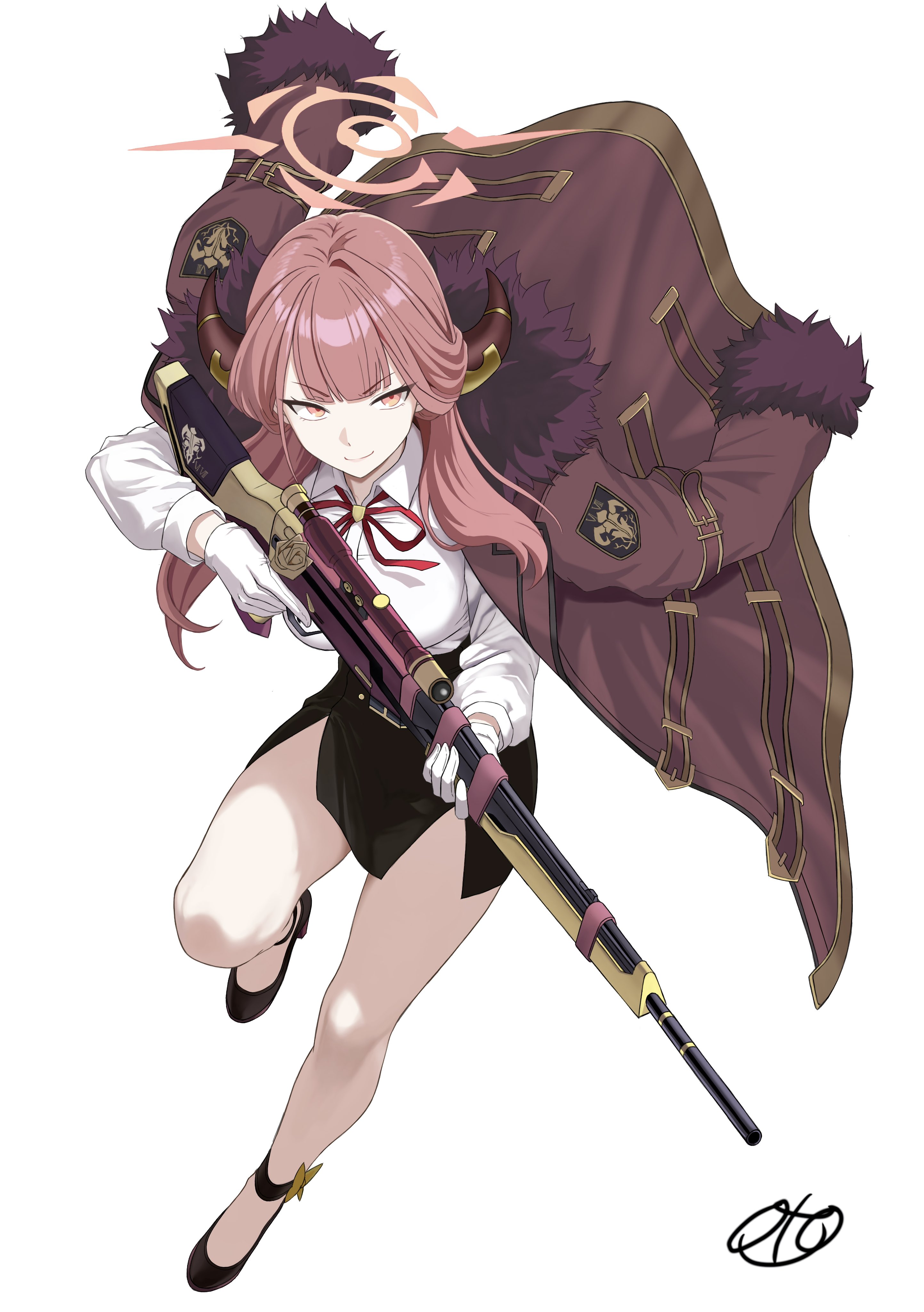oto jampan, aru (blue archive), blue archive, absurdres, commentary request, highres, 1girl, brown coat, brown horns, coat, coat on shoulders, demon horns, full body, fur-trimmed coat, fur trim, gloves, gun, h&k psg1, halo, high-waist skirt, holding, holding gun, holding weapon, horns, long hair, low horns, pink hair, pink halo, rifle, skirt, sniper rifle, solo, trigger discipline, twitter username, weapon, white background, white gloves