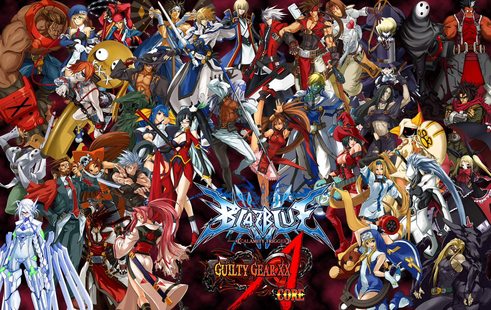 a.b.a, arakune, axl low, baiken, bridget (guilty gear), carl clover, chipp zanuff, dizzy (guilty gear), eddie (guilty gear), faust (guilty gear), hakumen, i-no, iron tager, johnny (guilty gear), kisaragi jin, kuradoberi jam, ky kiske, litchi faye ling, may (guilty gear), millia rage, mito anji, necro (street fighter), nirvana (blazblue), noel vermillion, nu-13, order-sol, order sol, paracelsus (guilty gear), potemkin (guilty gear), rachel alucard, ragna the bloodedge, robo-ky, roger (guilty gear), shishigami bang, slayer (guilty gear), sol badguy, taokaka, testament (guilty gear), venom (guilty gear), zappa, zato-1, arc system works, blazblue, blazblue: calamity trigger, guilty gear, highres, 6+boys, 6+girls, asymmetrical wings, blonde hair, blue eyes, brown hair, crossover, everyone, flat chest, gun, handgun, multiple boys, multiple girls, robot, topless female, trap, weapon, wings