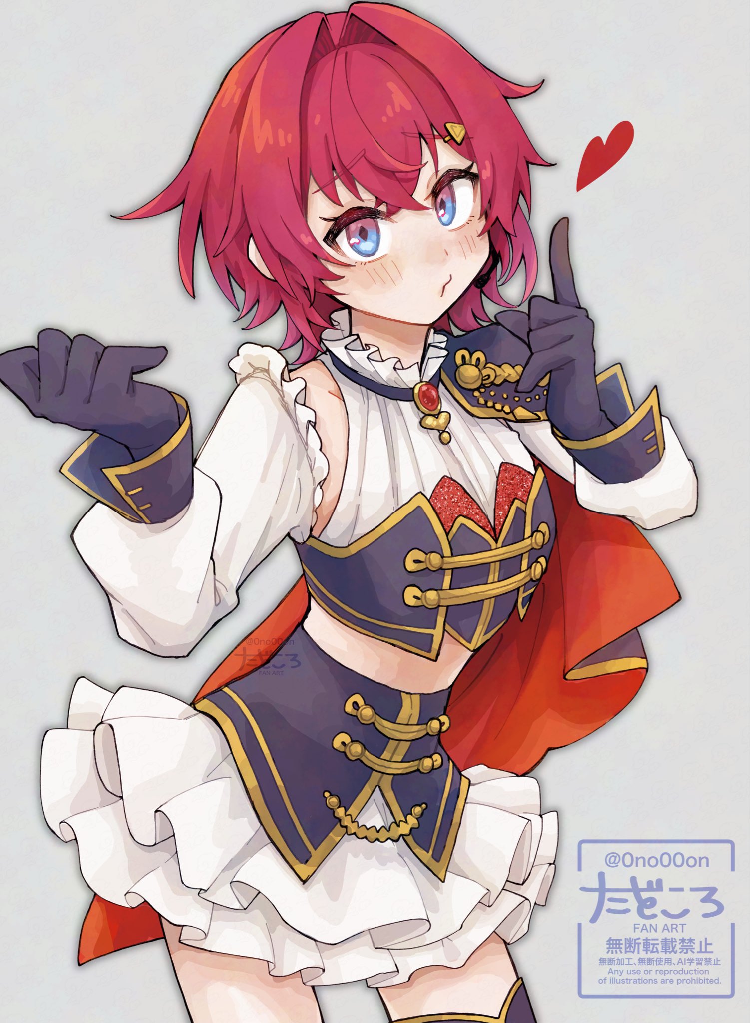 ange katrina, nijisanji, commentary, highres, symbol-only commentary, 0no00on, 1girl, aiguillette, blue cape, blue eyes, blue gloves, blue shirt, blue skirt, blush, cape, clothing cutout, cowboy shot, cropped shirt, crossed bangs, frilled shirt collar, frills, gloves, gold trim, gradient eyes, grey background, hair intakes, hands up, headset, heart, index finger raised, layered shirt, layered skirt, long sleeves, looking at viewer, medium hair, midriff, miniskirt, multicolored eyes, nijisanji idol uniform, puckered lips, purple eyes, raised inner eyebrows, red cape, red hair, shirt, shoulder cutout, side cape, simple background, skirt, sleeve cuffs, solo, twitter username, two-sided cape, two-sided fabric, virtual youtuber, watermark, white shirt, white skirt, wolf cut