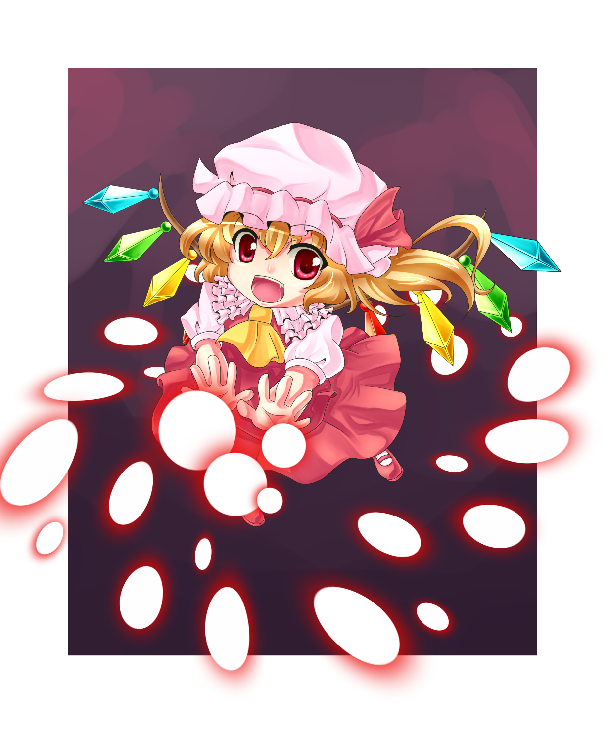mei (jewel at time), flandre scarlet, touhou, bad id, bad pixiv id, highres, 1girl, blonde hair, chibi, danmaku, female focus, hat, one side up, ponytail, red eyes, short hair, side ponytail, solo, wings