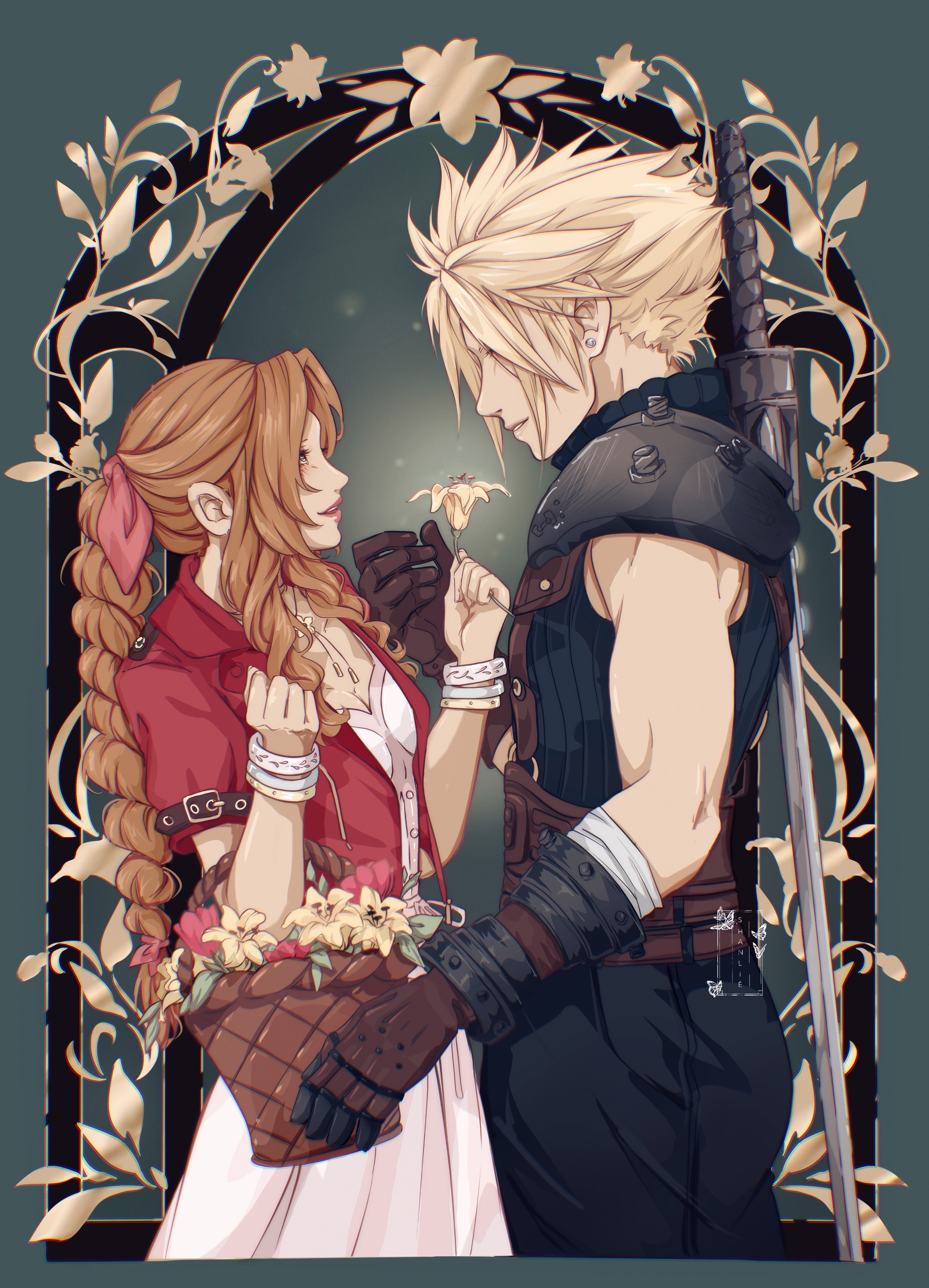 shanlieart, aerith gainsborough, cloud strife, final fantasy, final fantasy vii, final fantasy vii remake, absurdres, commentary, english commentary, highres, 1boy, 1girl, armor, bandaged arm, bandages, bangle, basket, black pants, black shirt, blonde hair, bracelet, breasts, brown gloves, brown hair, buster sword, choker, cleavage, cropped jacket, dress, earrings, flower, flower basket, flower choker, gloves, hair ribbon, holding, holding basket, holding flower, jacket, jewelry, light smile, lily (flower), long dress, long hair, looking at another, medium breasts, pants, parted bangs, parted lips, pauldrons, pink dress, pink ribbon, red flower, red jacket, ribbon, sharp teeth, shirt, short hair, shoulder armor, sidelocks, single earring, single pauldron, sleeveless, sleeveless turtleneck, suspenders, sword, sword on back, teeth, tulip, turtleneck, weapon, weapon on back, yellow flower