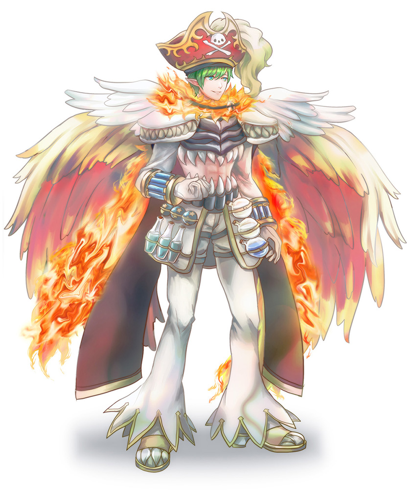 philippa, genetic (ragnarok online), ragnarok online, commentary request, 1boy, armor, blue eyes, breastplate, feathered wings, fiery wings, fire, flask, full body, gloves, green hair, hat, looking afar, male focus, midriff, pants, pauldrons, pirate hat, plume, pointy ears, potion, red hat, round-bottom flask, shoes, short hair, shoulder armor, simple background, smile, solo, standing, white background, white gloves, white pants, white shoes, wings, yellow wings