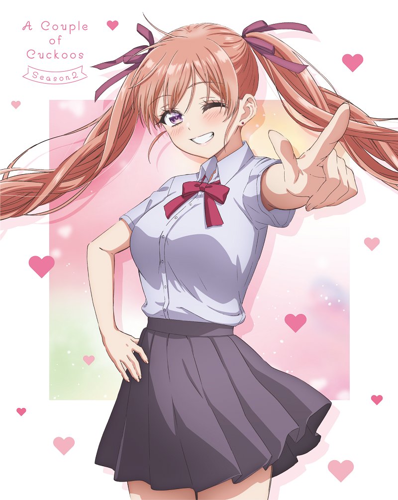 amano erika, kakkou no iinazuke, commentary request, official art, 1girl, ;d, black skirt, blu-ray cover, border, breasts, collared shirt, copyright name, cover, cowboy shot, earrings, grey shirt, grin, hair ribbon, hand on own hip, heart, heart background, jewelry, large breasts, long hair, neck ribbon, one eye closed, open mouth, orange hair, outside border, pleated skirt, pointing, purple eyes, red ribbon, ribbon, school uniform, shirt, skirt, smile, solo, twintails, white border