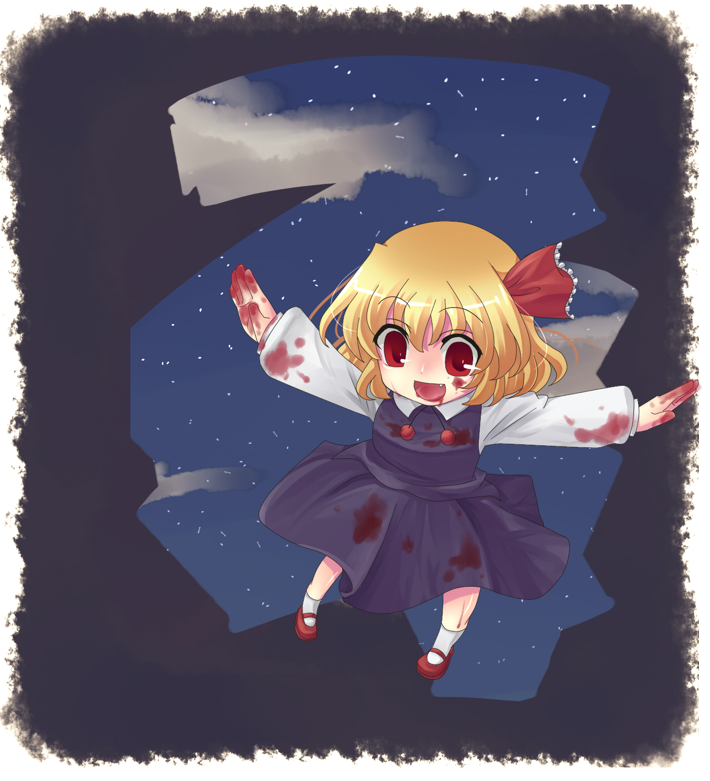 mei (jewel at time), rumia, embodiment of scarlet devil, touhou, bad id, bad pixiv id, highres, 1girl, blonde hair, blood, cloud, fang, female focus, full body, hair ribbon, mary janes, outdoors, red eyes, ribbon, shoes, short hair, sky, socks, solo