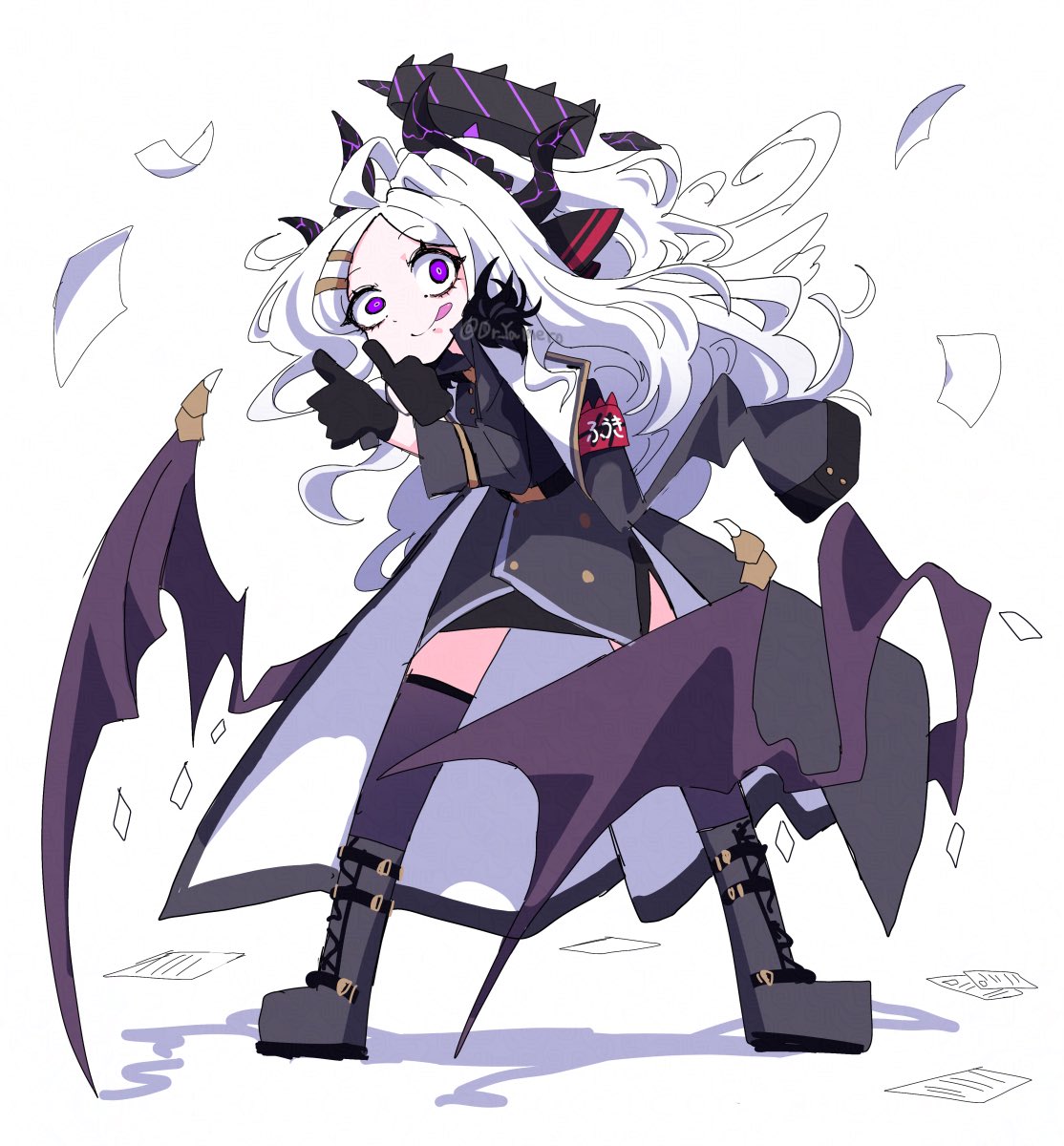 dr yamero, hina (blue archive), blue archive, commentary request, highres, 1girl, ahoge, armband, black coat, black gloves, black halo, black skirt, black thighhighs, coat, coat on shoulders, demon girl, demon horns, demon wings, full body, gloves, halo, horns, long hair, looking at viewer, low wings, purple eyes, red armband, skirt, solo, standing, thighhighs, thighs, tongue, tongue out, very long hair, white hair, wings