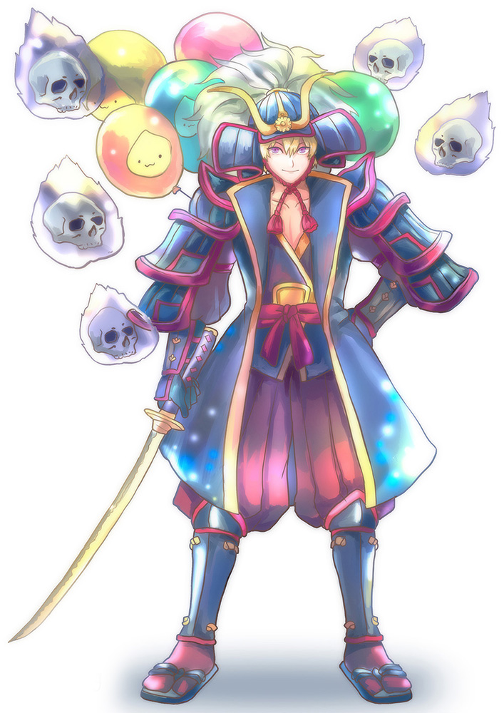 philippa, poring, ragnarok online, commentary request, 1boy, armor, armored boots, baggy pants, balloon, blonde hair, blue coat, boots, closed mouth, coat, floating skull, full body, helmet, holding, holding sword, holding weapon, japanese armor, kabuto (helmet), kagerou (ragnarok online), katana, kote, kurokote, looking at viewer, male focus, open clothes, open coat, pants, red pants, red socks, short hair, simple background, smile, socks, solo, sword, tabi, weapon, white background