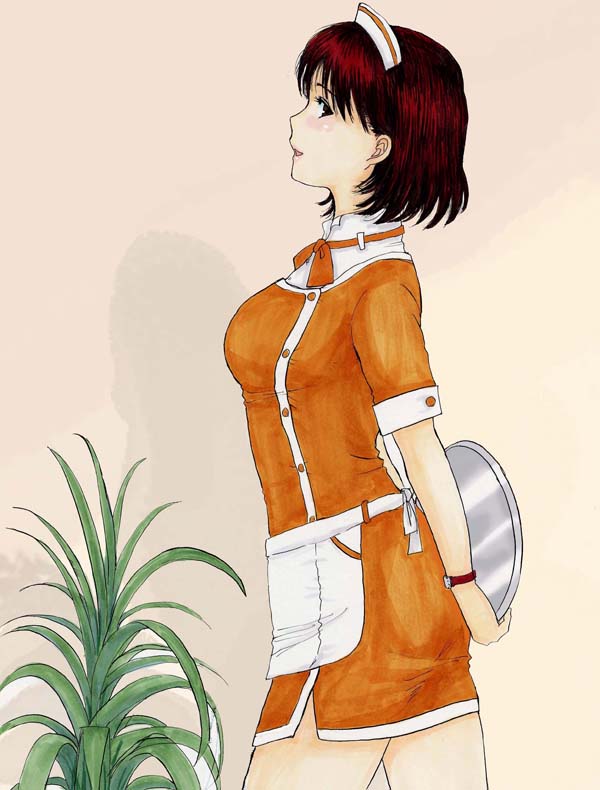 alice kei (lemon-jiru), anegasaki nene, love plus, bad id, bad pixiv id, 1girl, brown hair, faux traditional media, female focus, plant, profile, short hair, solo, waitress, watch, wristwatch