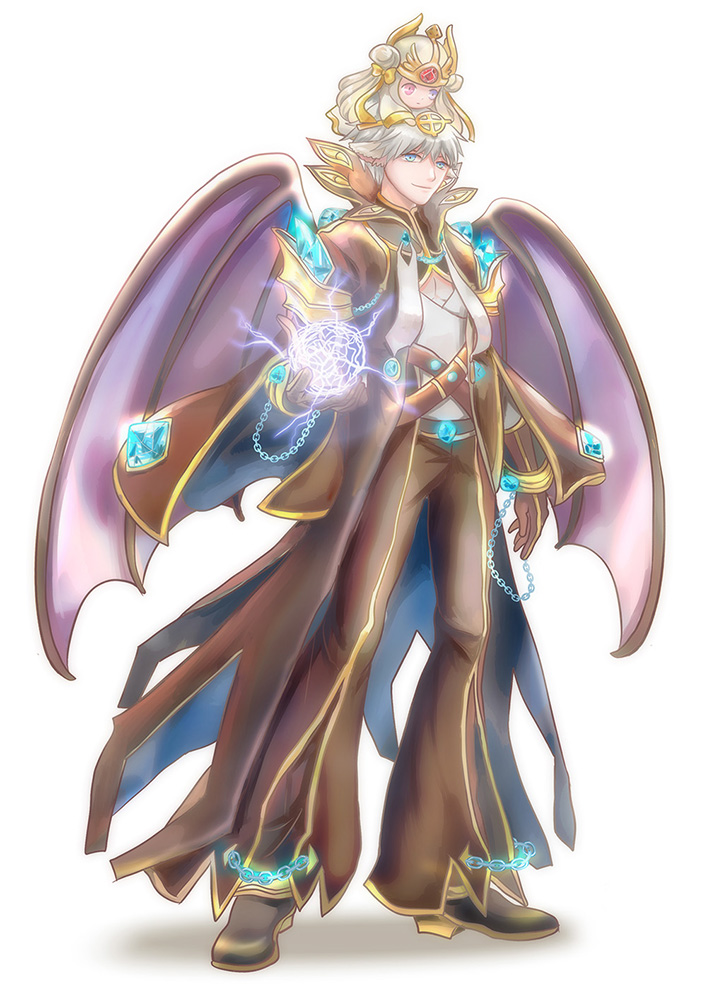 philippa, pope (ragnarok online), warlock (ragnarok online), ragnarok online, commentary request, 1boy, animal ears, black shoes, blue eyes, brown coat, brown gloves, brown pants, cat boy, cat ears, character doll, closed mouth, coat, demon wings, doll, doll on head, full body, gloves, looking at viewer, magic circle, male focus, open clothes, open coat, pants, purple wings, shirt, shoes, short hair, simple background, smile, solo, standing, white background, white hair, white shirt, wings