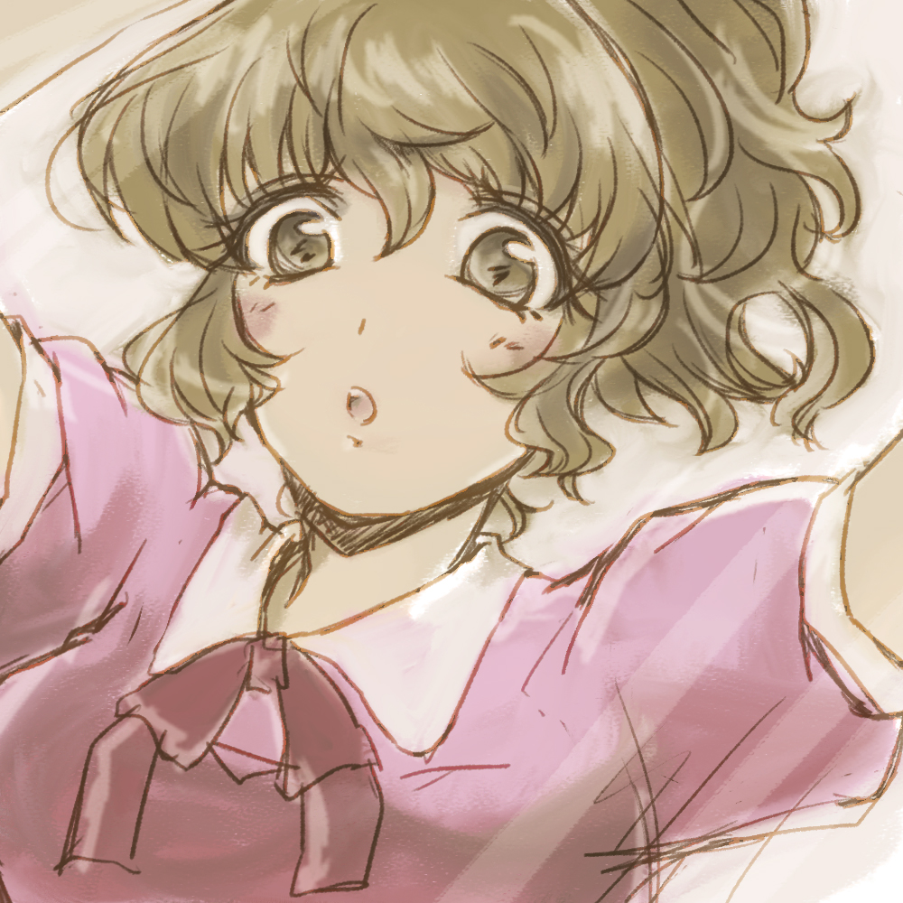 maribel hearn, touhou, commentary, english commentary, 1girl, alternate hairstyle, blonde hair, bow, bowtie, breasts, collared dress, contrast collar, dress, looking at viewer, open mouth, purple bow, purple bowtie, purple dress, sanwa no jako (daikichi club), short sleeves, sleeve cuffs, solo, teeth, upper teeth only, yellow eyes