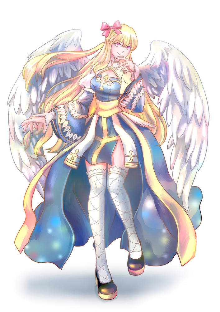 philippa, arch bishop (ragnarok online), ragnarok online, commentary request, 1girl, black shoes, blonde hair, blue dress, bow, breasts, cleavage cutout, closed mouth, clothing cutout, cross, dress, feathered wings, fishnet thighhighs, fishnets, full body, hair bow, juliet sleeves, long hair, long sleeves, looking at viewer, medium breasts, pink bow, pink eyes, puffy sleeves, sash, shoes, simple background, smile, solo, standing, thighhighs, two-tone dress, white background, white dress, white thighhighs, white wings, wings, yellow sash