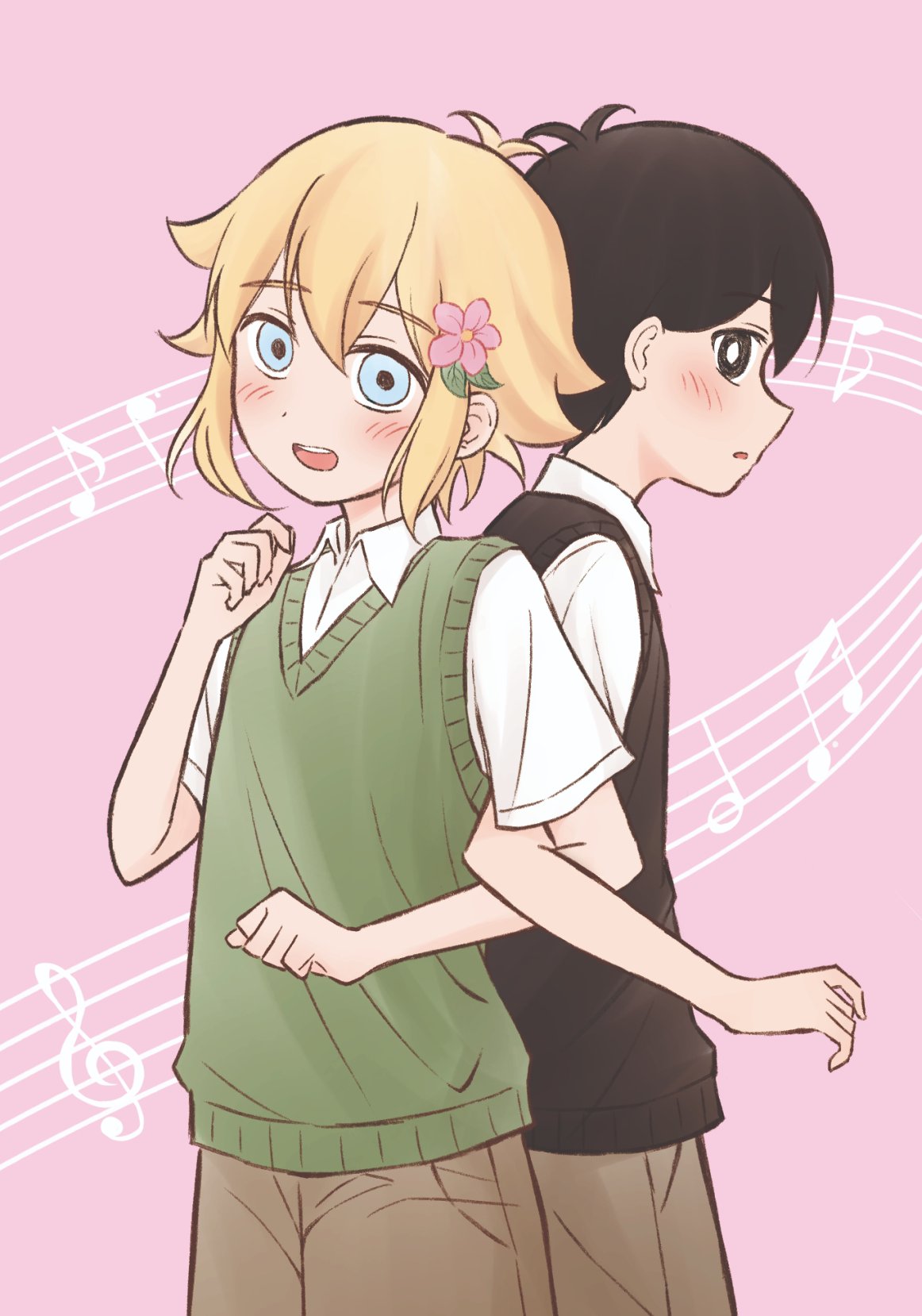 segue5o, basil (faraway) (omori), basil (omori), sunny (omori), omori, commentary, highres, symbol-only commentary, 2boys, antenna hair, black eyes, black hair, black sweater vest, blonde hair, blue eyes, blush, bright pupils, brown shorts, collared shirt, double-parted bangs, flower, green sweater vest, hair between eyes, hair flower, hair ornament, locked arms, male focus, multiple boys, musical note, musical staff, open mouth, parted lips, pink background, shirt, short hair, short sleeves, shorts, sidelocks, simple background, smile, sweater vest, teeth, treble clef, upper teeth only, white pupils, white shirt