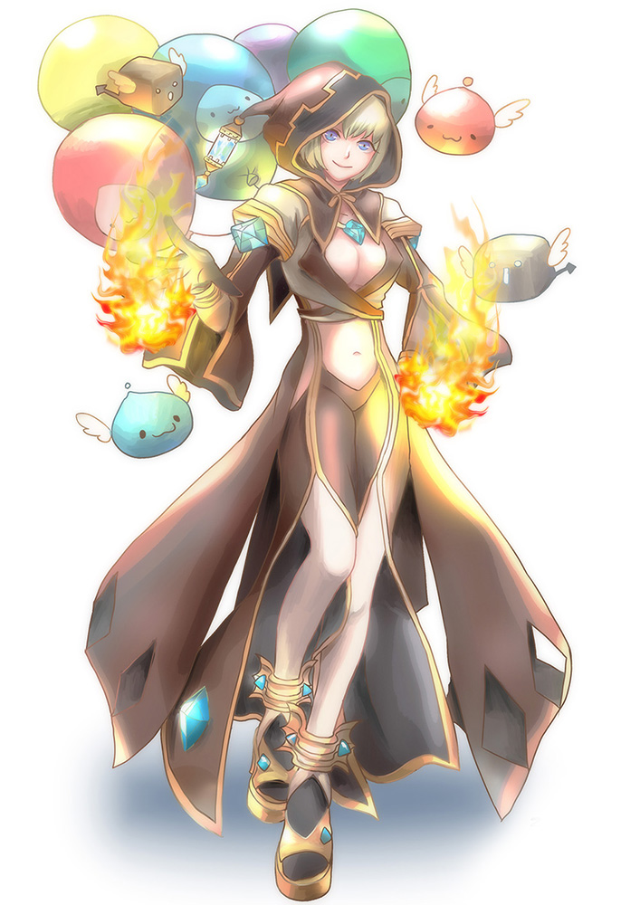 philippa, angeling, marin (ragnarok online), poring, warlock (ragnarok online), ragnarok online, commentary request, 1girl, archangeling, balloon, black gloves, blue eyes, blue gemstone, breasts, brown coat, brown hood, cleavage, closed mouth, coat, fire, fireball, front slit, full body, gem, gloves, green hair, grey shirt, hood, hood up, large breasts, looking at viewer, navel, pyrokinesis, sandals, shirt, short hair, simple background, skeggiold (ragnarok online), slime (creature), smile, solo, standing, suspenders, thighhighs, white background, white thighhighs, yellow sandals