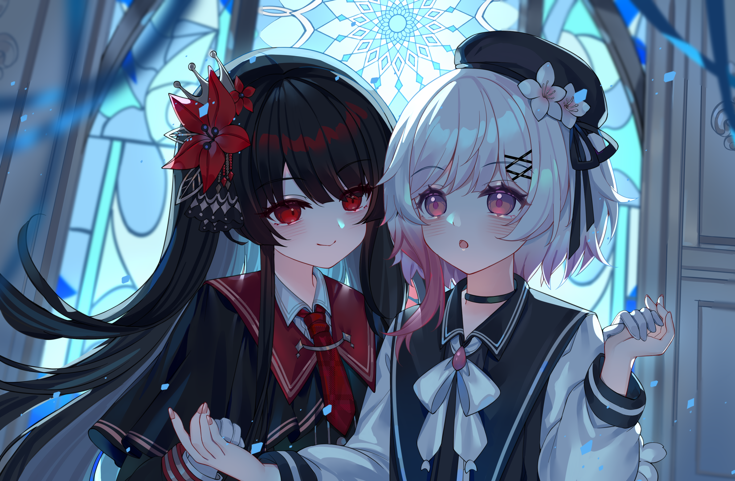 binan xian lu, nikaido hiro, sakuraba ema, mahou shoujo no majo saiban, commentary request, highres, 2girls, :o, beret, black capelet, black hair, black hat, black ribbon, blurry, blurry foreground, blush, capelet, closed mouth, collared shirt, crown hair ornament, depth of field, flower, gloves, gradient hair, hair flower, hair ornament, hat, holding hands, indoors, long hair, long sleeves, multicolored hair, multiple girls, necktie, parted lips, pink hair, puffy long sleeves, puffy sleeves, red eyes, red flower, red necktie, ribbon, shirt, smile, stained glass, upper body, very long hair, white flower, white gloves, white hair, white shirt